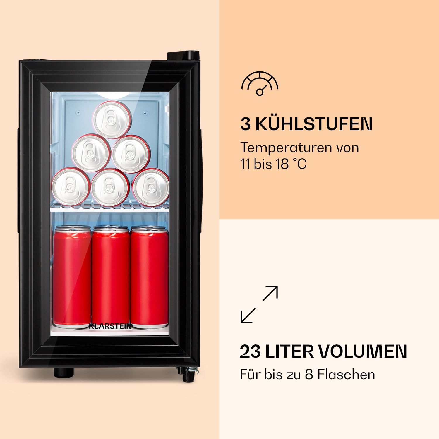 Brooklyn 23 Slim Kühlschrank LED Kunststoff-Einsatz Glastür 23 Ltr | Schwarz