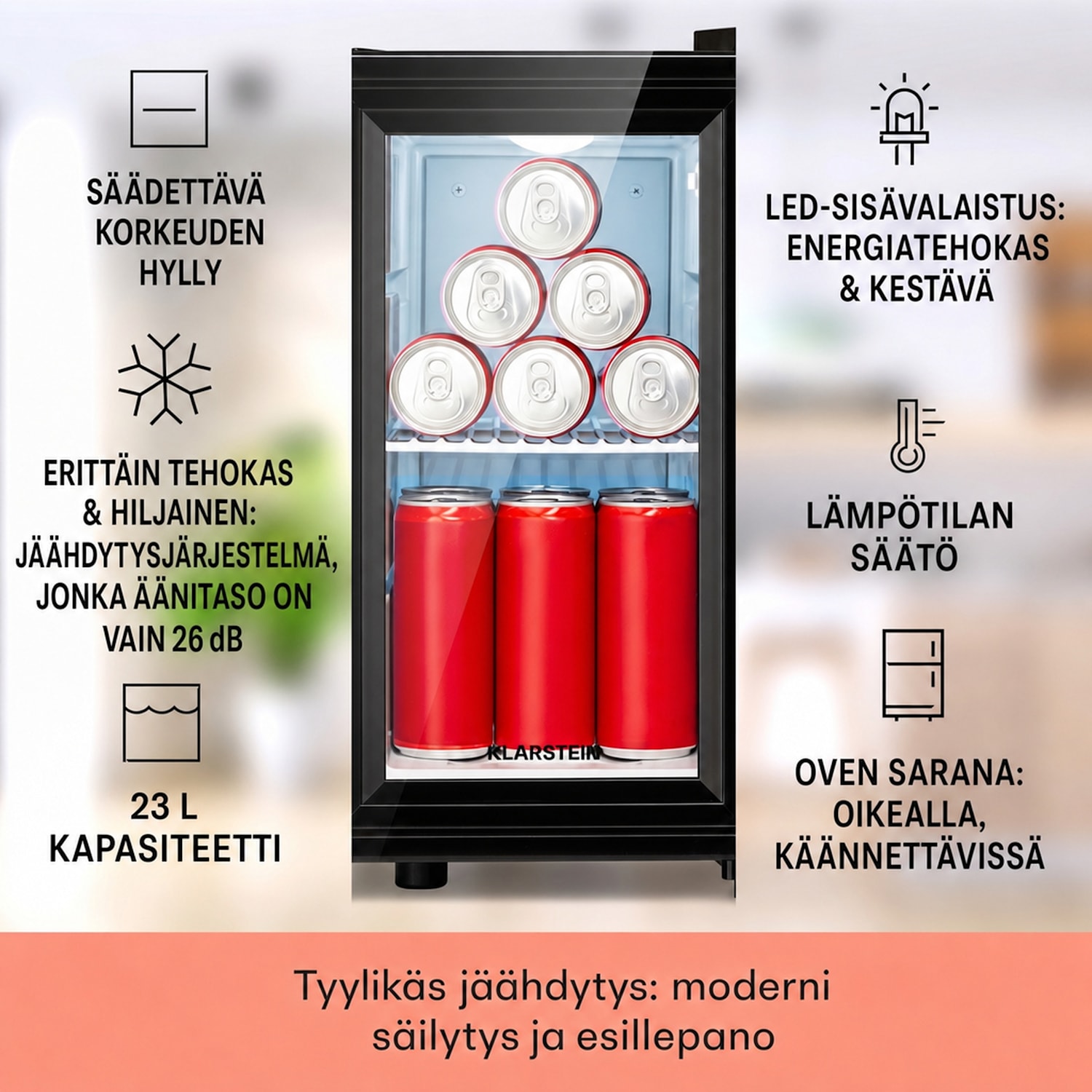 Brooklyn 23 Slim jääkaappi LED muovihylly lasiovi 23 L | Musta