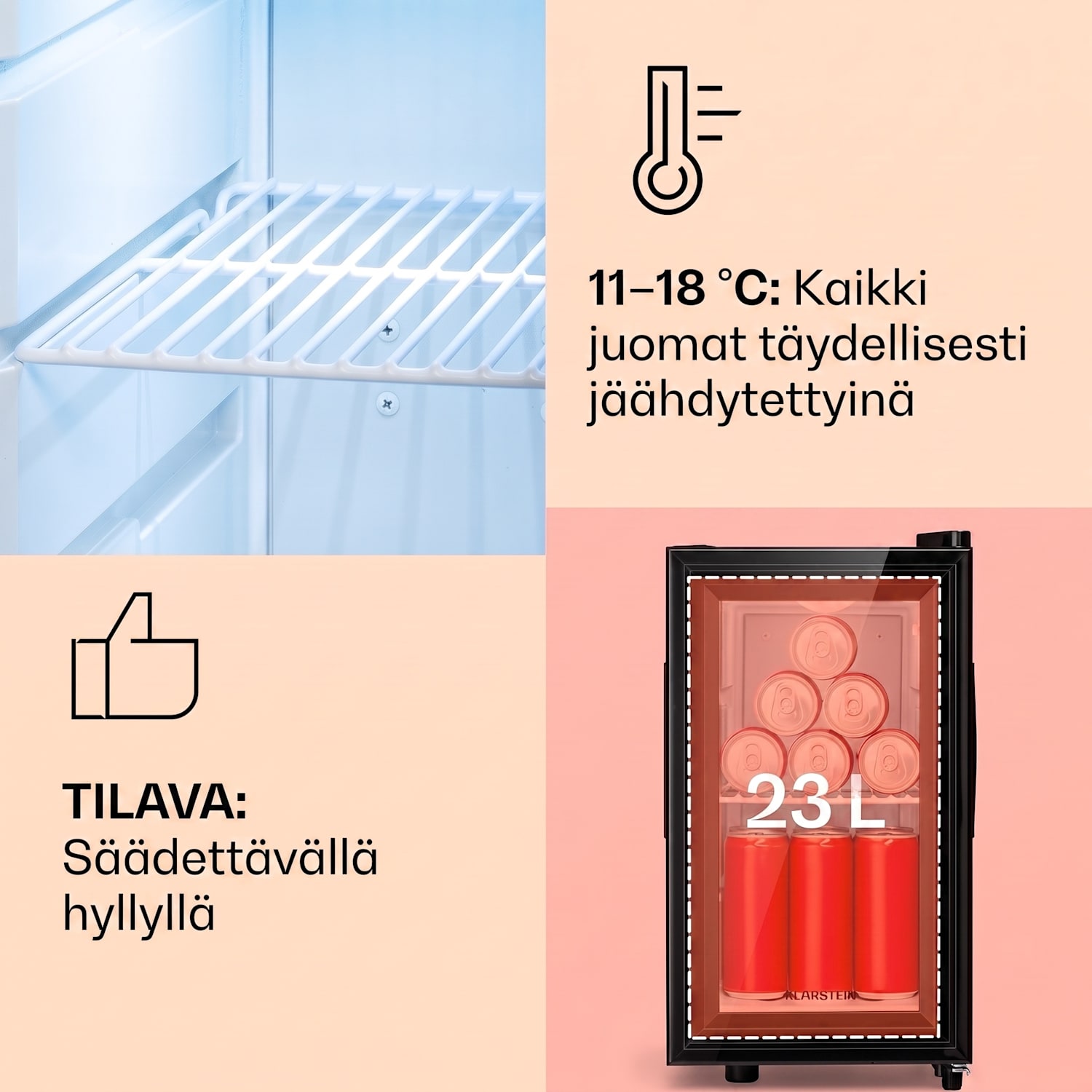 Brooklyn 23 Slim jääkaappi LED muovihylly lasiovi 23 L | Musta