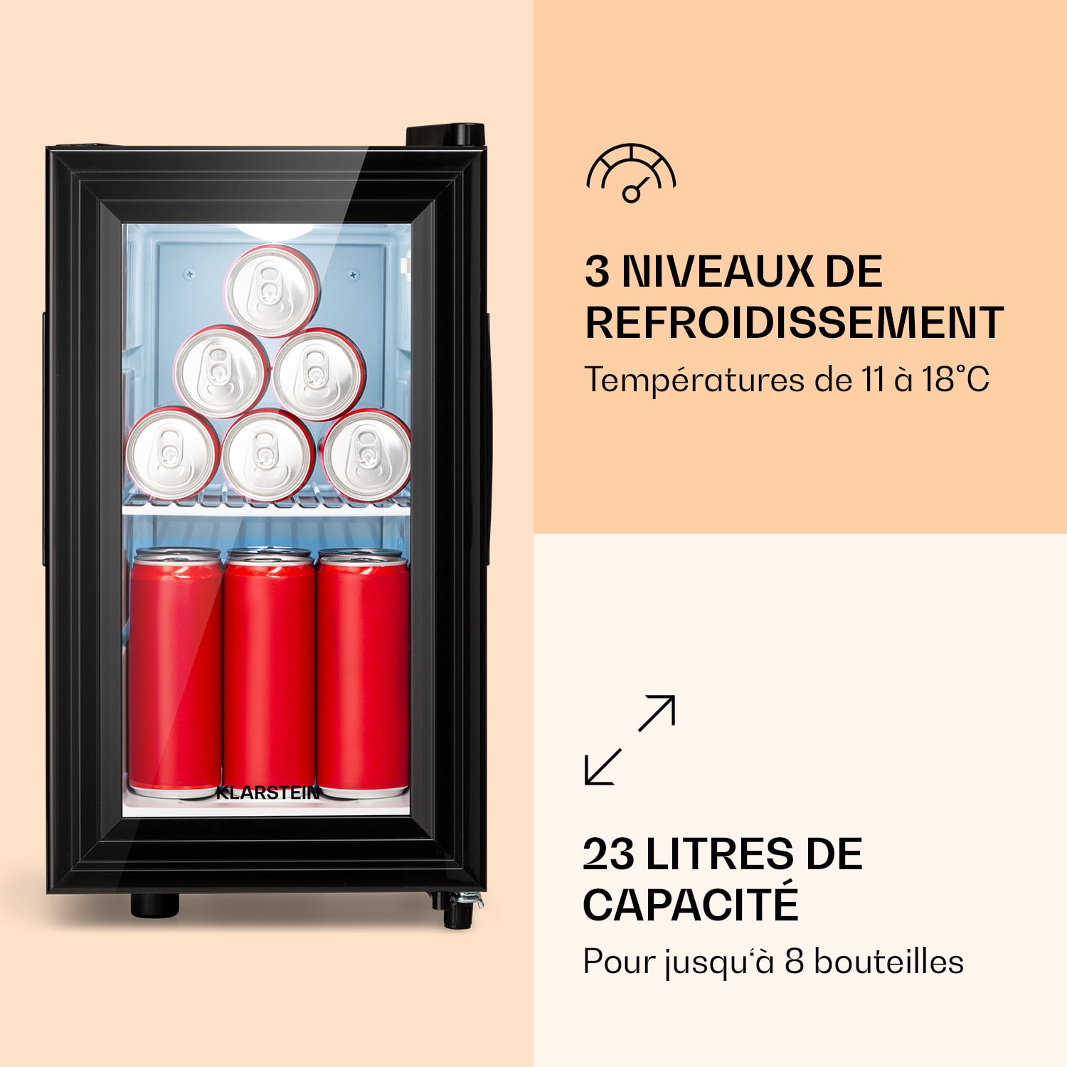 Brooklyn 23 Slim Réfrigérateur LED clayette en plastique Porte vitrée