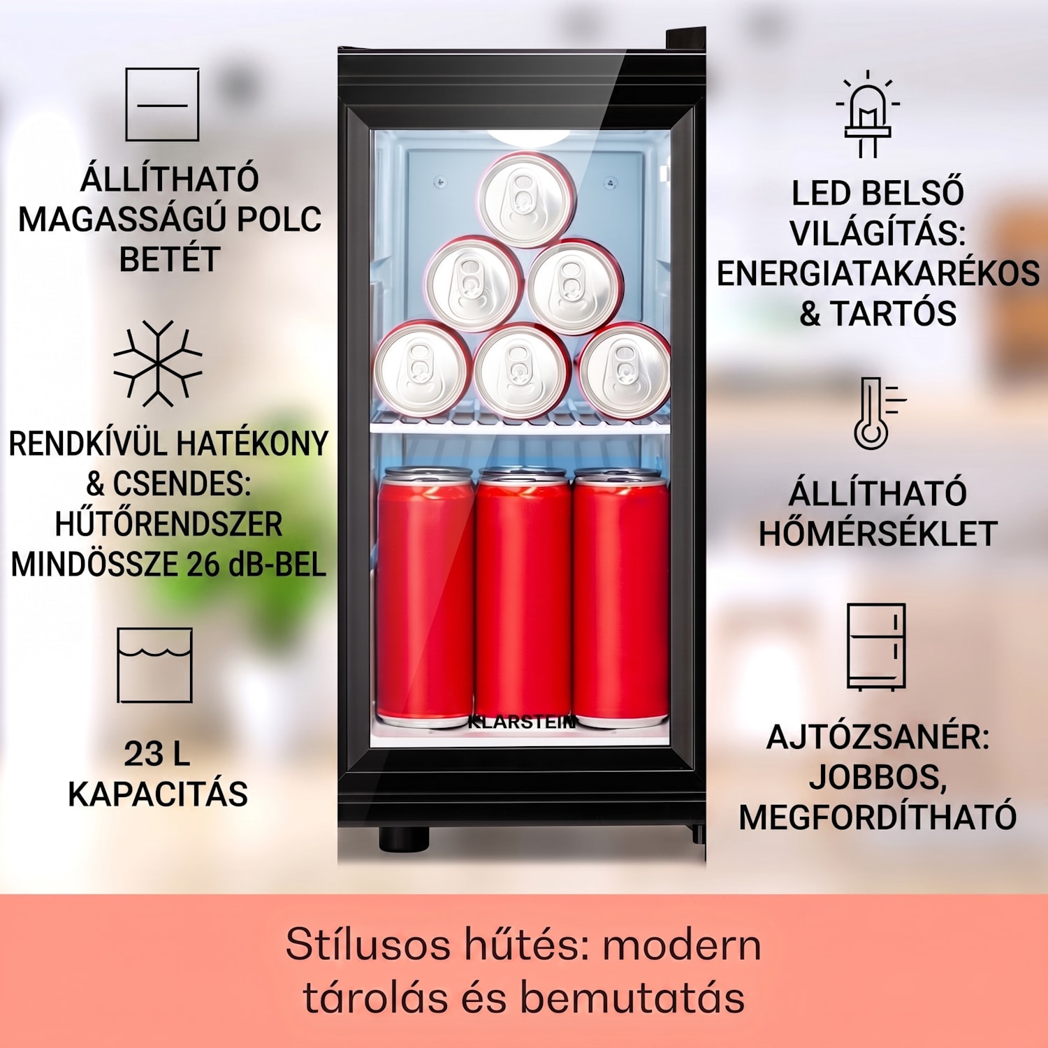 Brooklyn 23 Slim, hűtőszekrény, LED, műanyag betét, üvegajtó 23 L | Fekete