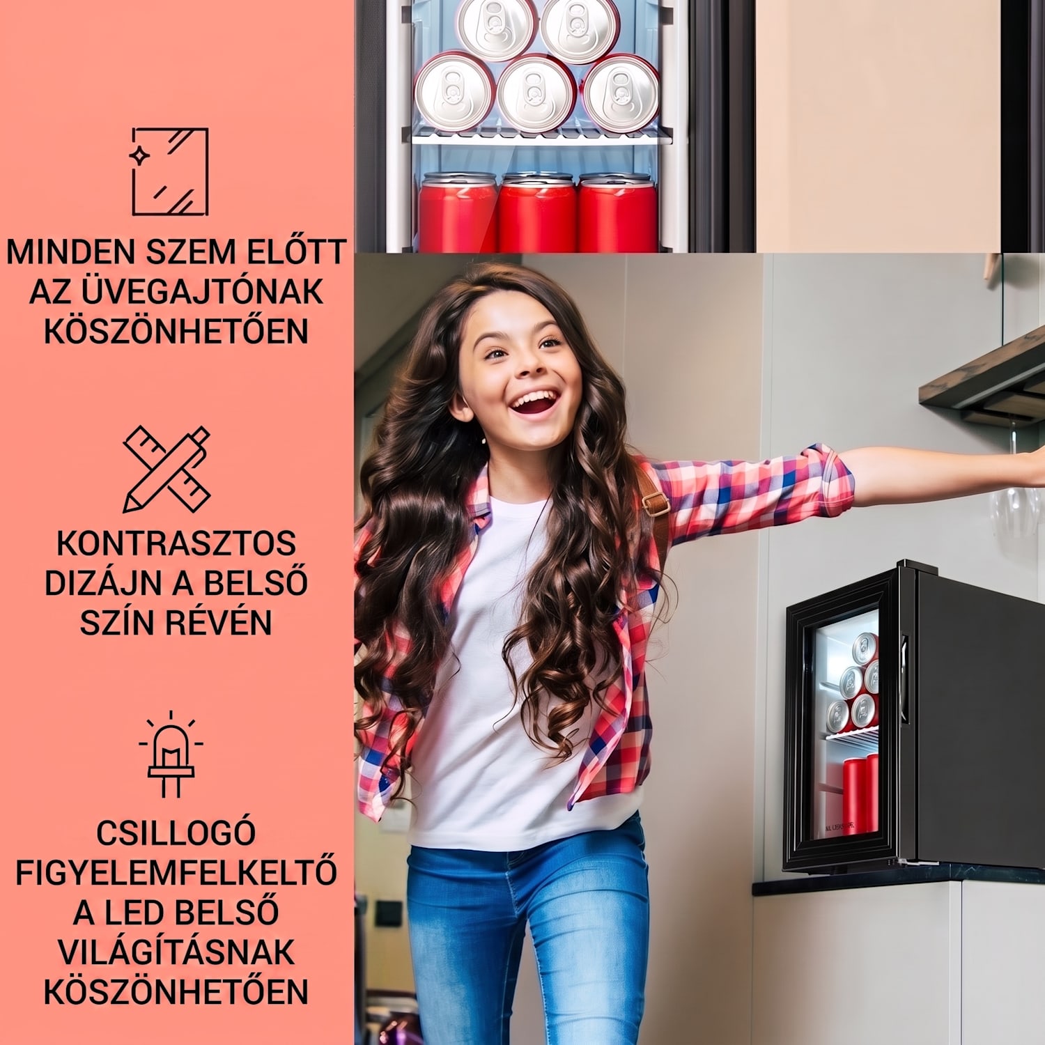 Brooklyn 23 Slim, hűtőszekrény, LED, műanyag betét, üvegajtó 23 L | Fekete