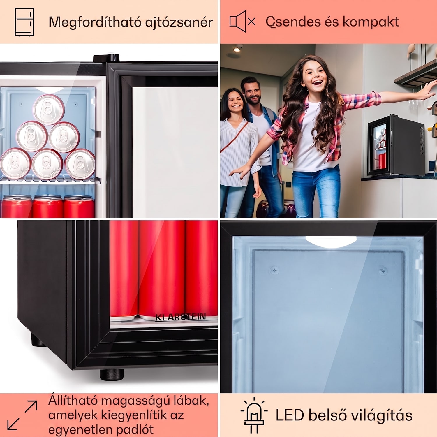 Brooklyn 23 Slim, hűtőszekrény, LED, műanyag betét, üvegajtó 23 L | Fekete