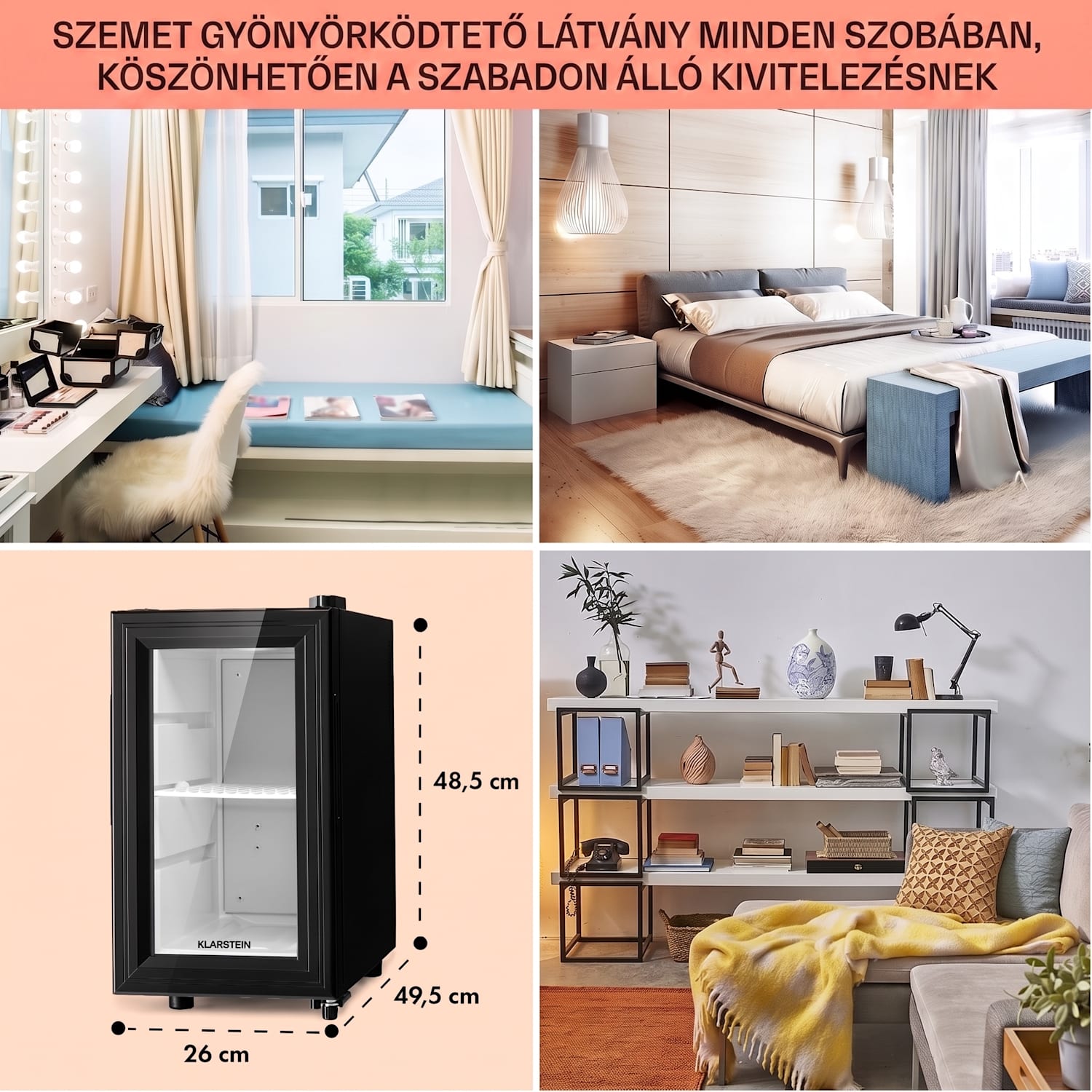 Brooklyn 23 Slim, hűtőszekrény, LED, műanyag betét, üvegajtó 23 L | Fekete