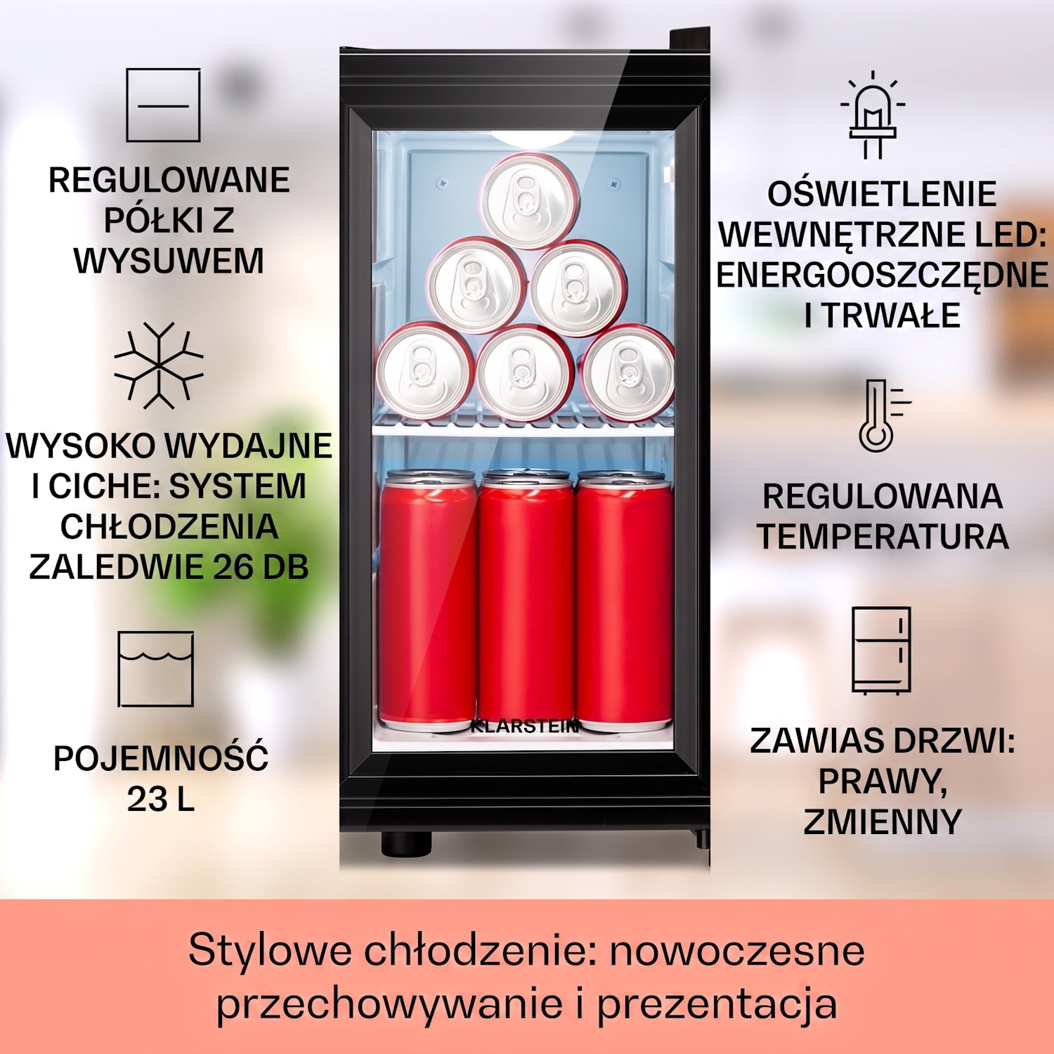 Brooklyn 23 Slim, lodówka na napoje, witryna chłodnicza, LED, szklane drzwiczki 23 L | Czarny