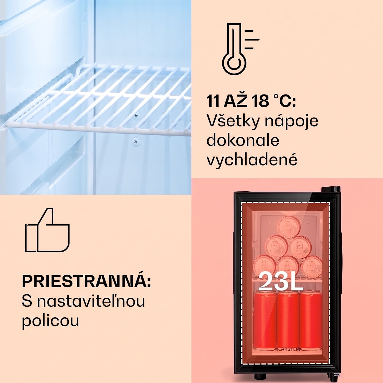 Brooklyn 23 Slim, chladnička, LED, plastová vložka, sklenené dvierka 23 L | Čierna