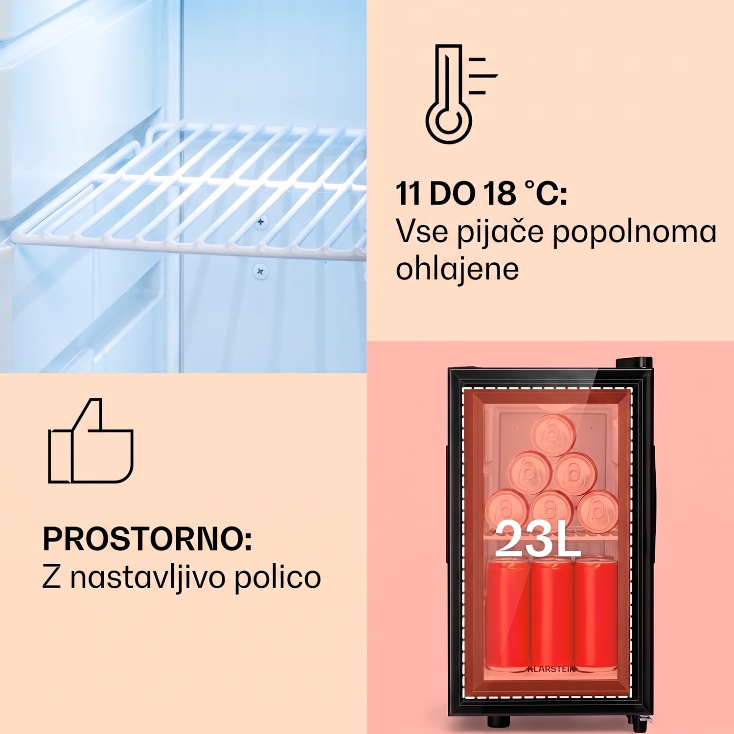 Brooklyn 23 Slim, Hladilnik, LED, plastični vložek, steklena vrata 23 L | Črna