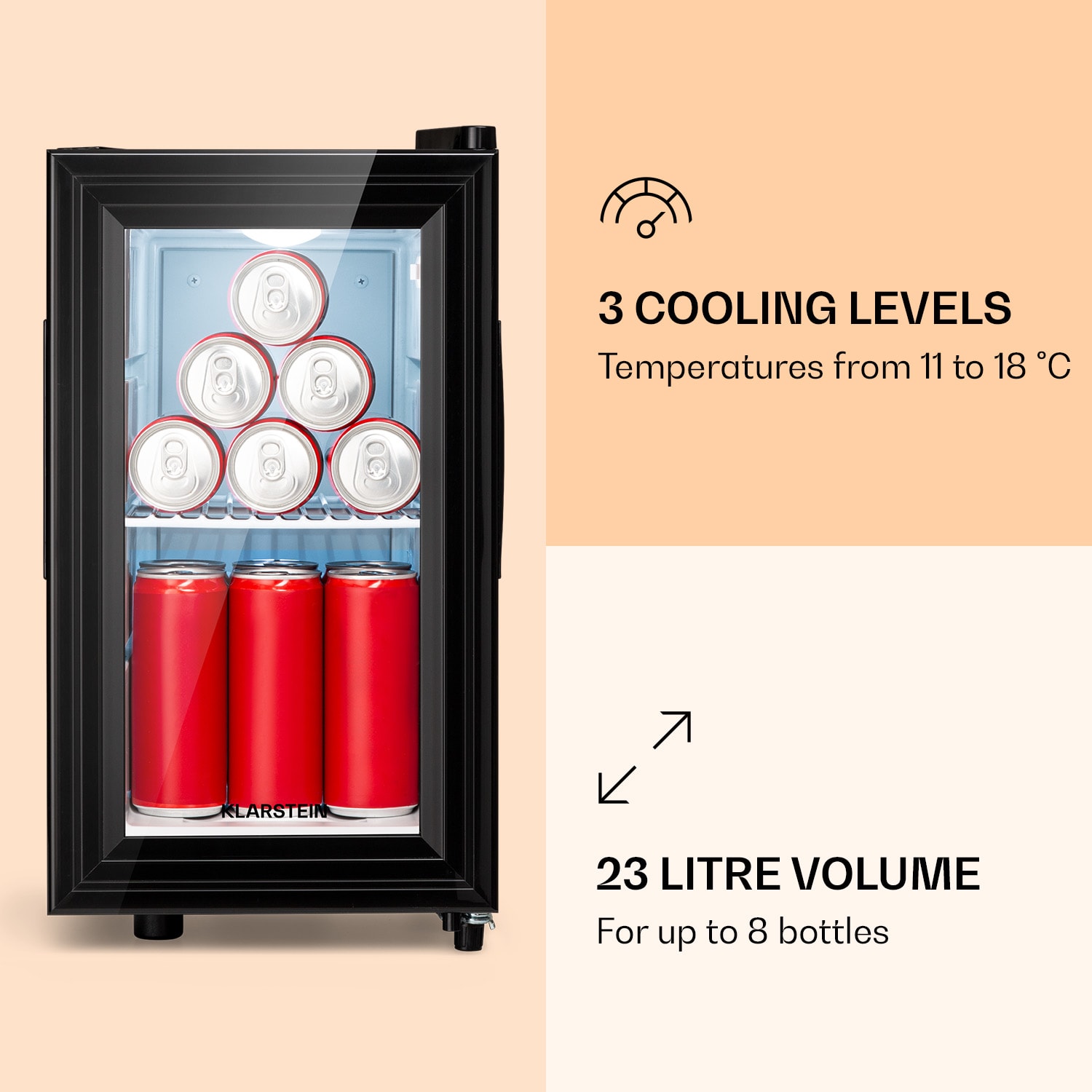 Brooklyn 23 Slim, chladnička, LED, plastová vložka, sklenené dvierka 23 litrov | Čierna