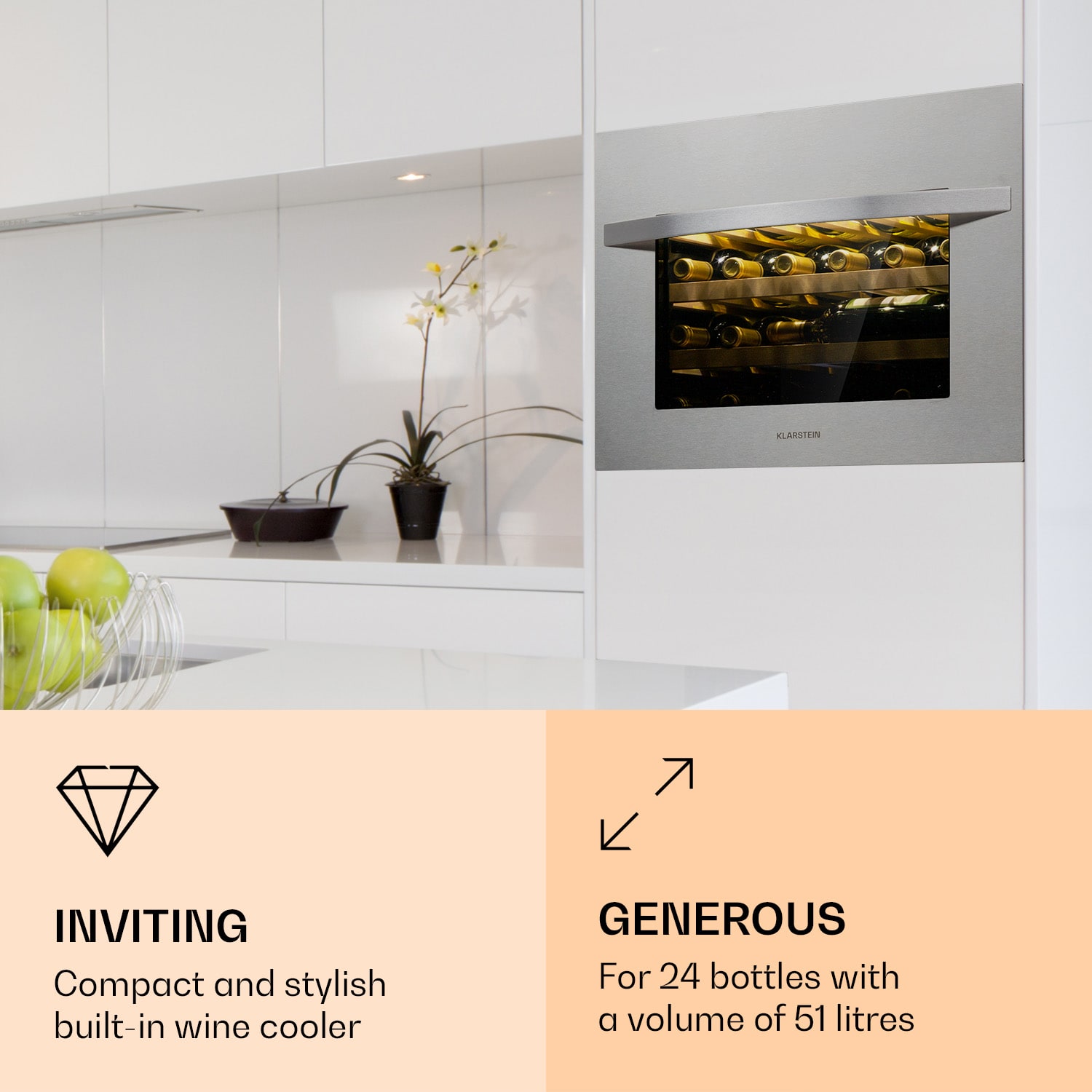 Vinsider 24 Built-In Uno, chłodziarka do wina do zabudowy, 1 strefa chłodzenia, 51 l, 24 butelki, stal nierdzewna 24 butelki | 1 strefa chłodzenia | Stal nierdzewna