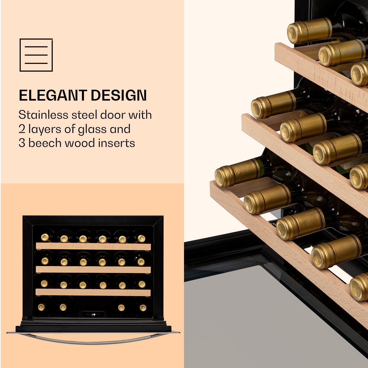 Vinsider 24 Built-In Uno, chłodziarka do wina do zabudowy, 1 strefa chłodzenia, 51 l, 24 butelki, stal nierdzewna 24 butelki | 1 strefa chłodzenia | Stal nierdzewna