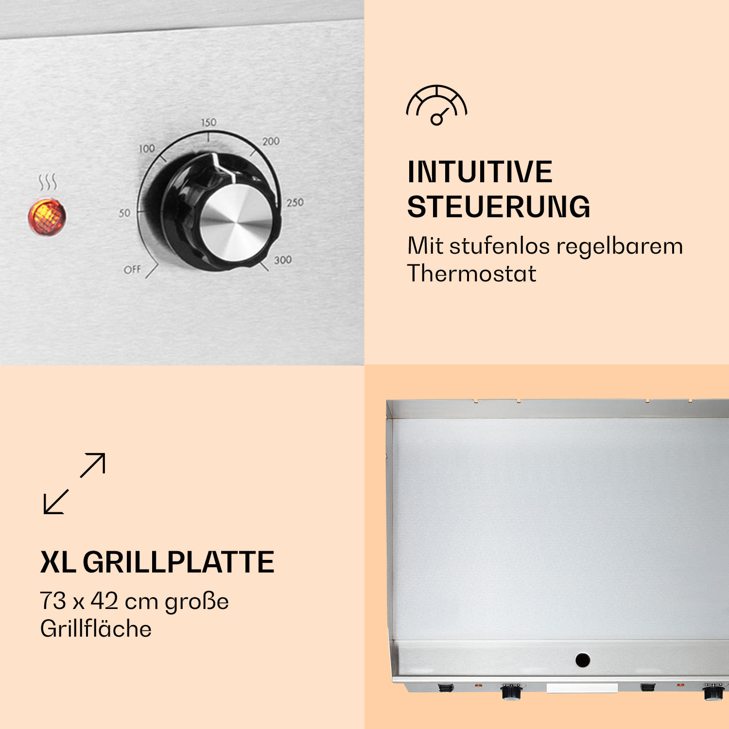 Grillmeile 4400 Elektrogrill Plancha 2x2200W Grillplatte Edelstahl Glatte Grillfläche | Silber-Metallic