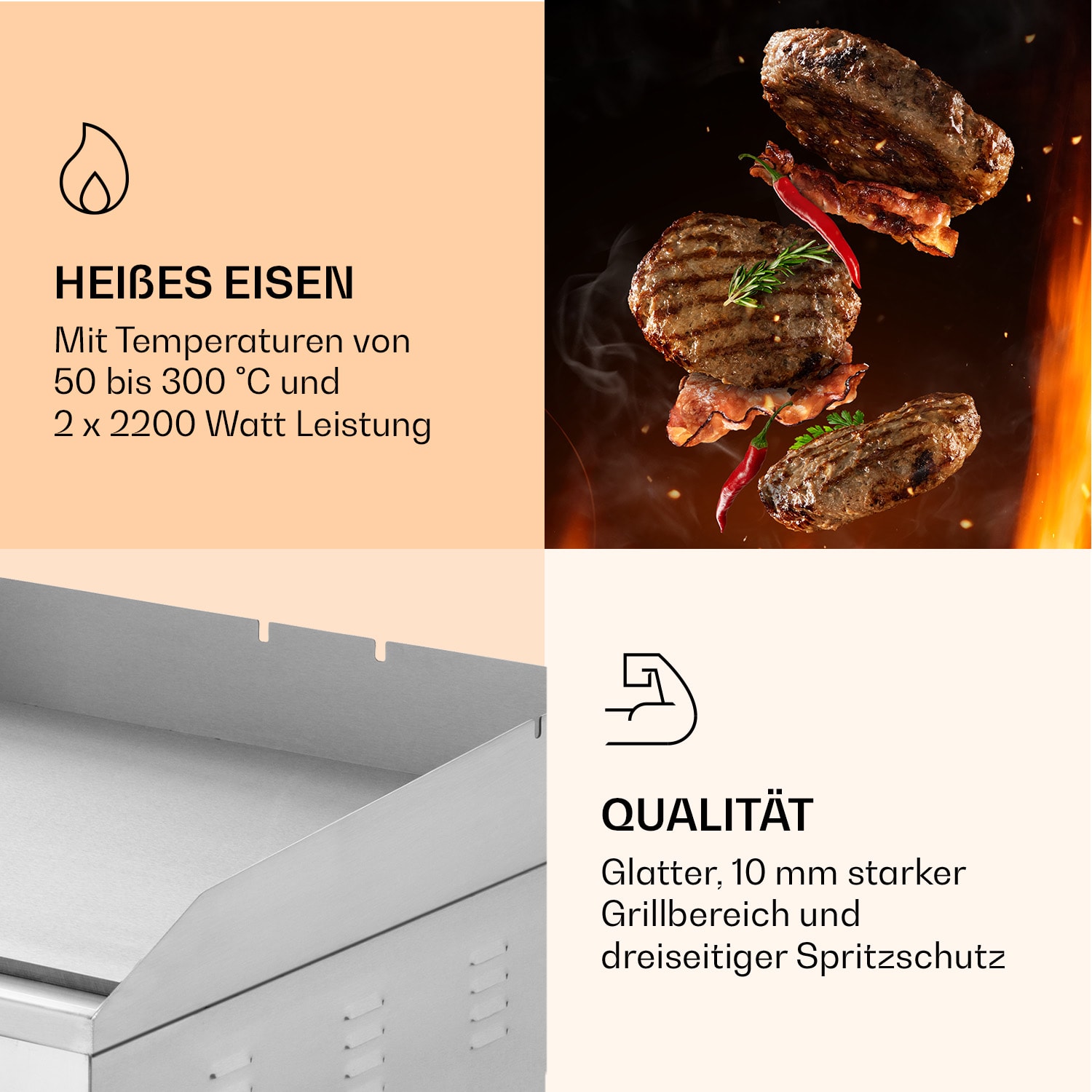 Grillmeile 4400 Elektrogrill Plancha 2x2200W Grillplatte Edelstahl Glatte Grillfläche | Silber-Metallic