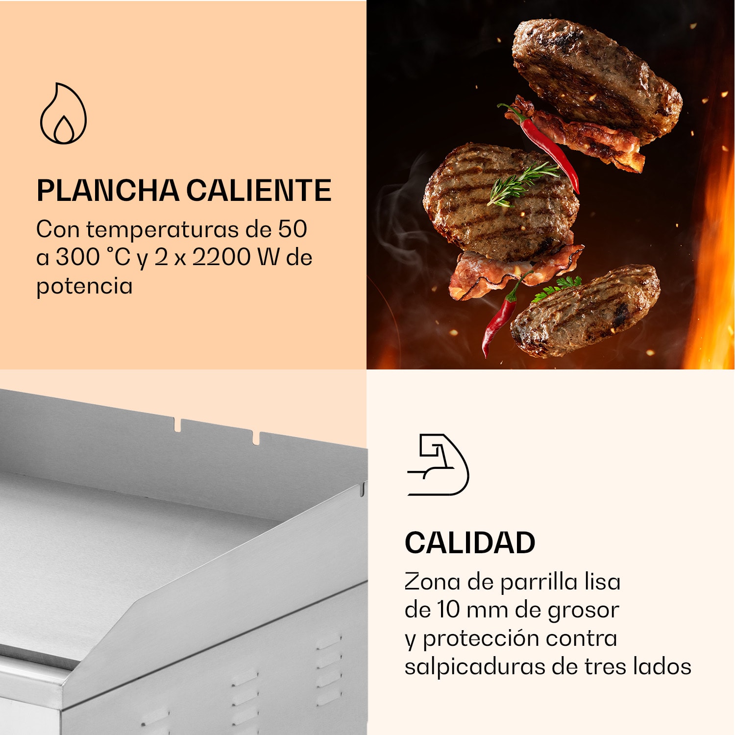 Plancha eléctrica Grillmeile 4400 2 x 2200W Placa de parrilla de acero inoxidable Superficie de la parrilla lisa | Plata Metálica