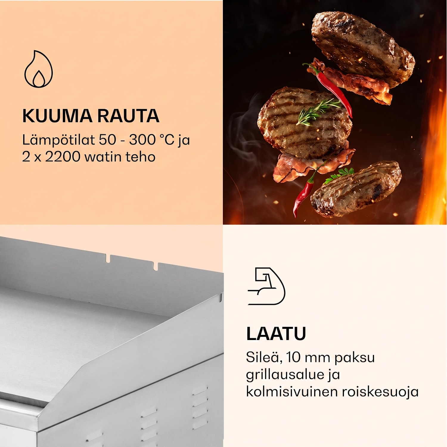Grillmeile 4400 sähkögrilli Plancha 2x2200W grillilevy ruostumatonta terästä sileä grillaustaso | Hopea Metallinen