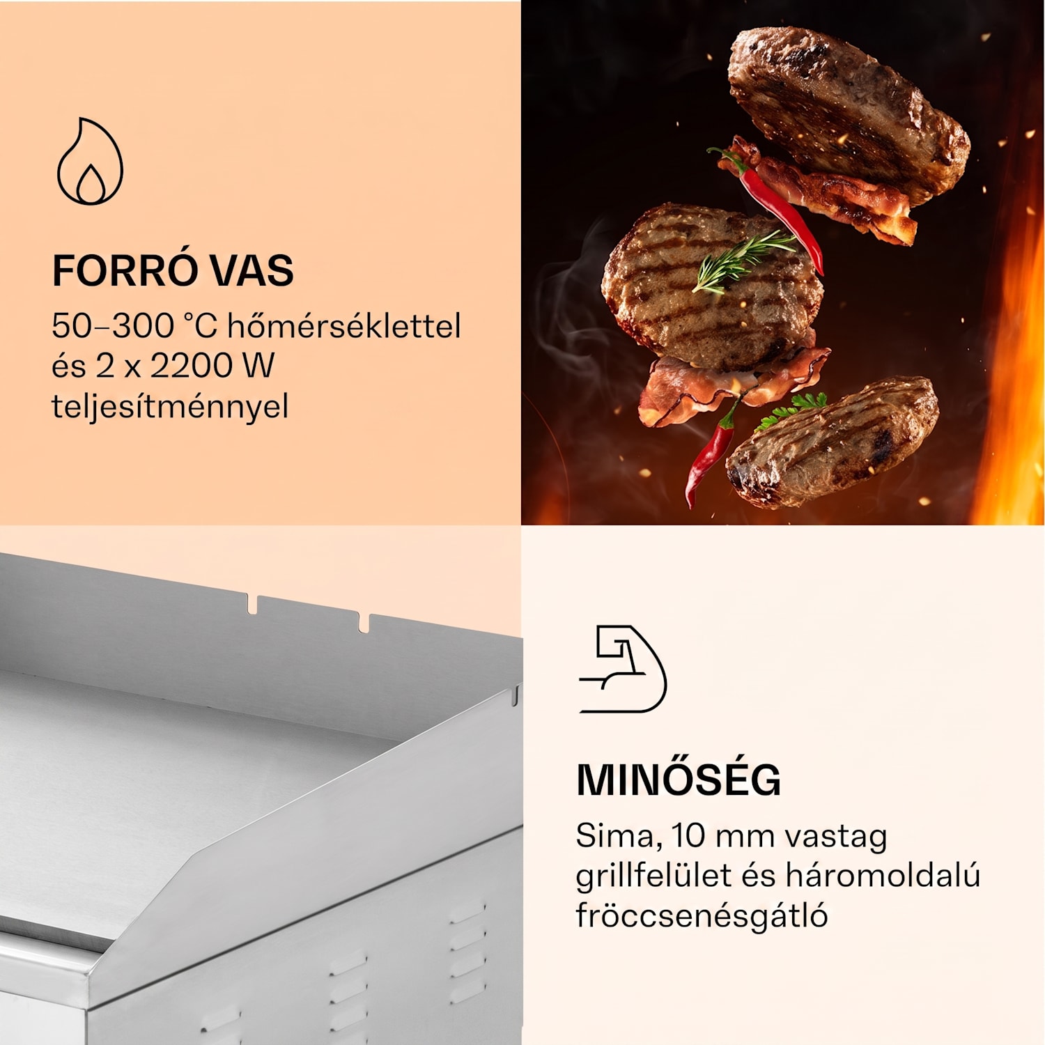 Grillmeile 4400, elektromos grill, 2 x 2200 W, rozsdamentes acél grill lap Sima grill-lemez | Ezüst metál
