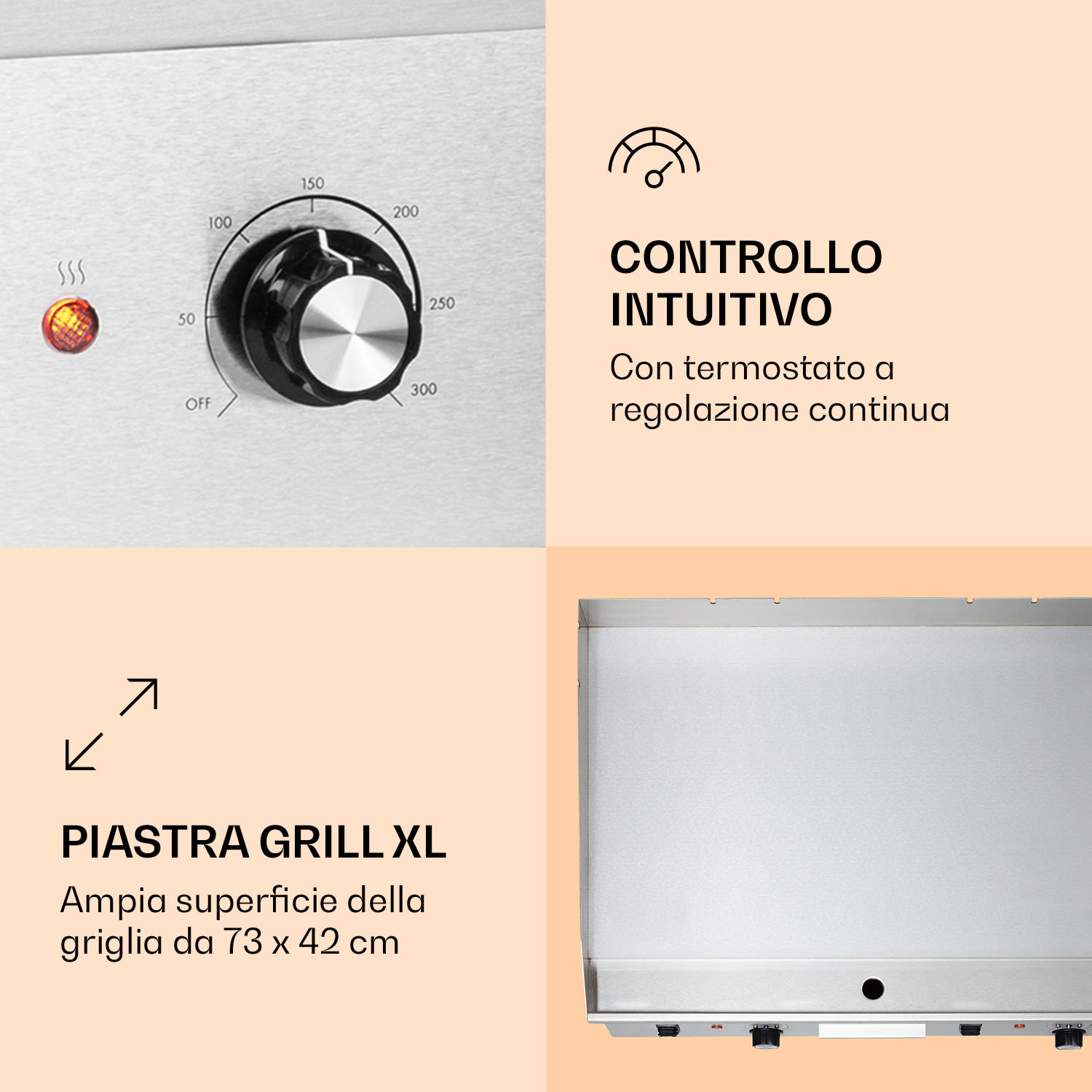 Grillmeile 4400 Griglia elettrica Plancha 2x2200W Piastra Grill in acciaio inossidabile Superficie per grigliare piatta | Argento metallizzato