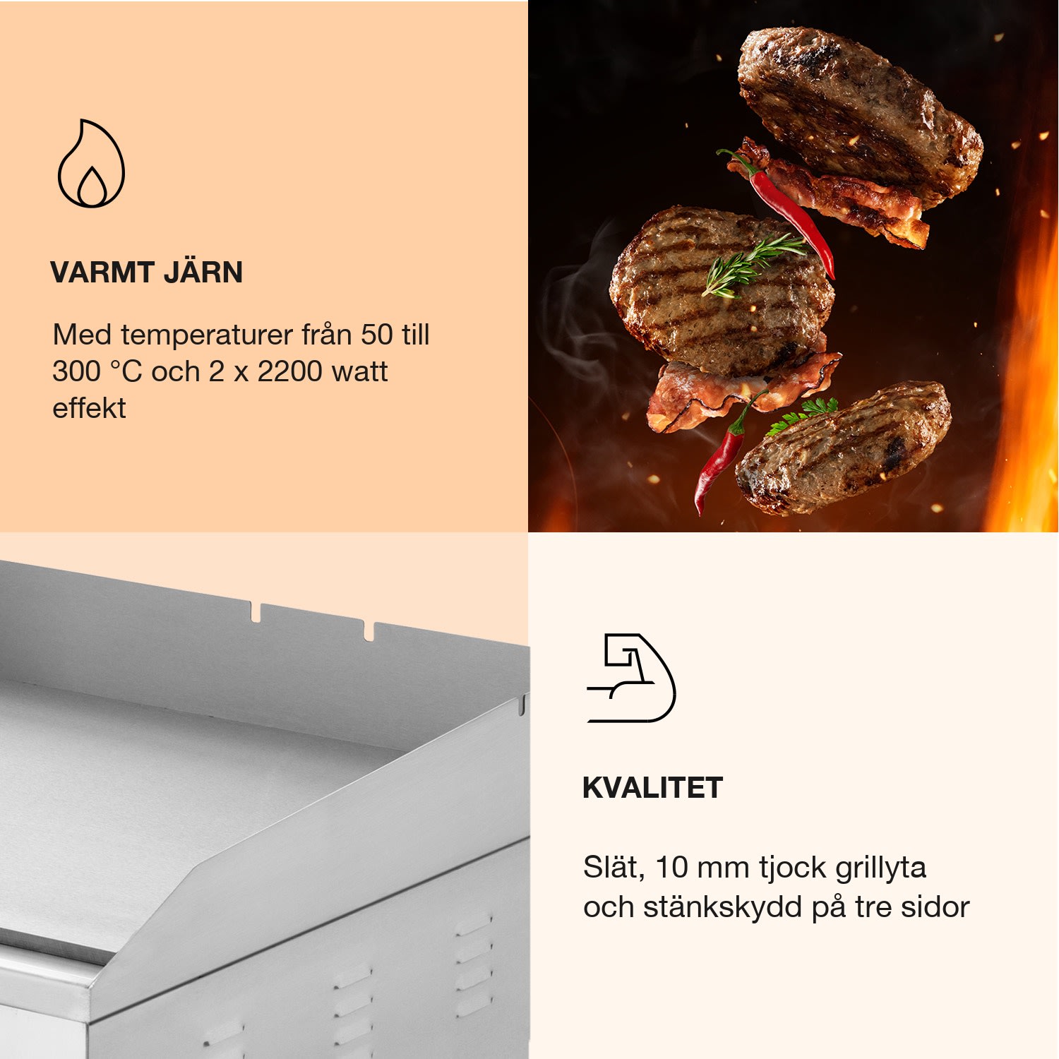 Grillmeile 4400 elgrill Plancha 2x2200W Grillplatta rostfritt stål slät grillyta | Silver Metallic