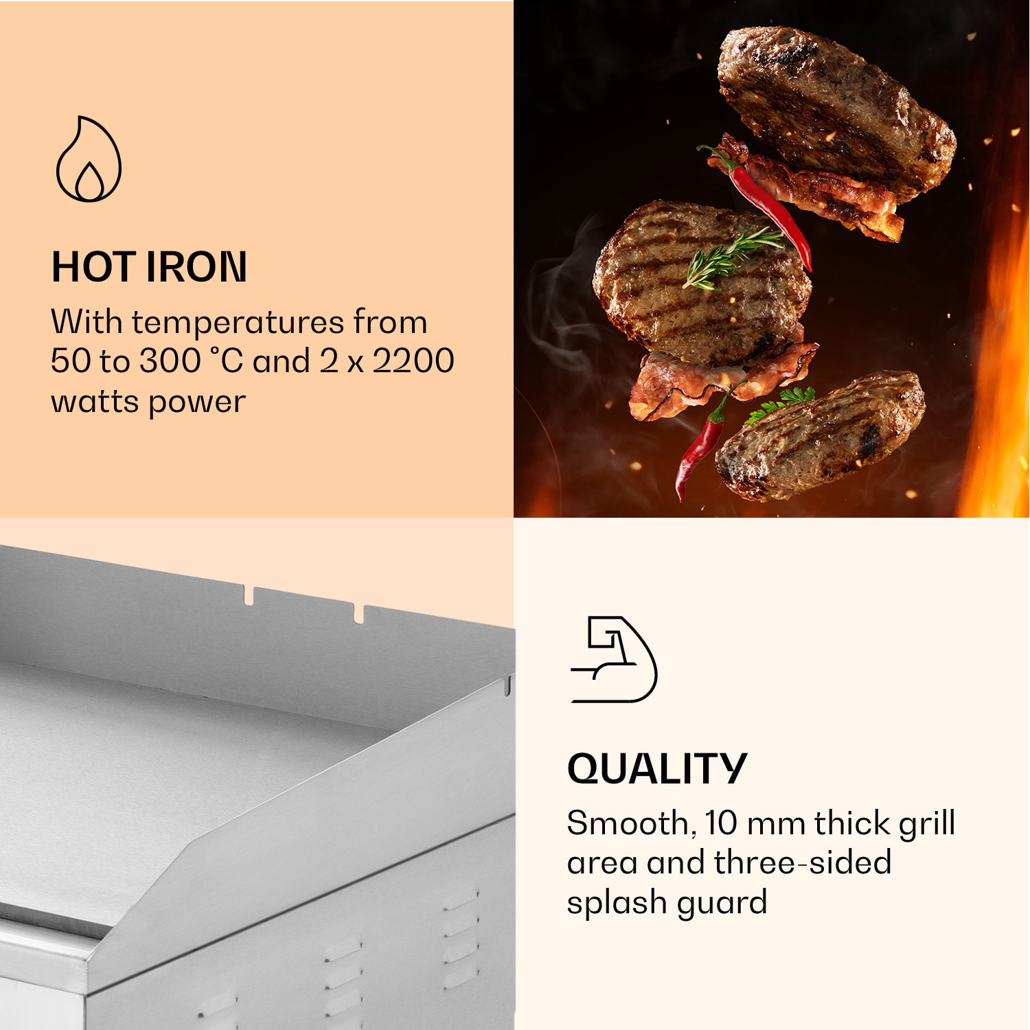 Grill Mile 4400 Electric Grill Plancha 2 x 2200 W Grill Plate Stainless Steel Smooth grill surface | Silver Metallic