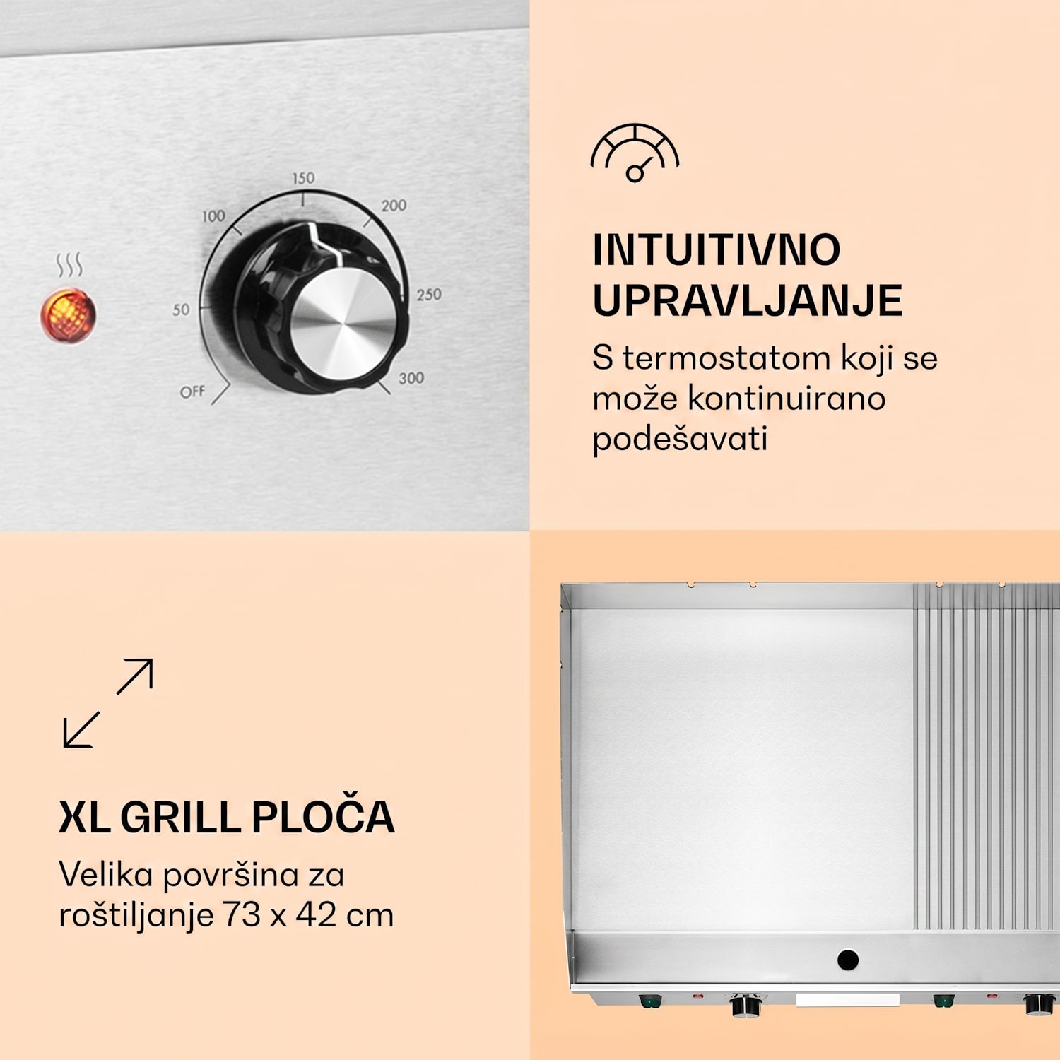 Grillmeile 4400, električni roštilj, Plancha, 2x2200W, ploča za roštilj od nehrđajućeg čelika Glatka i rebrasta ploča za roštiljanje | Srebrna metalik