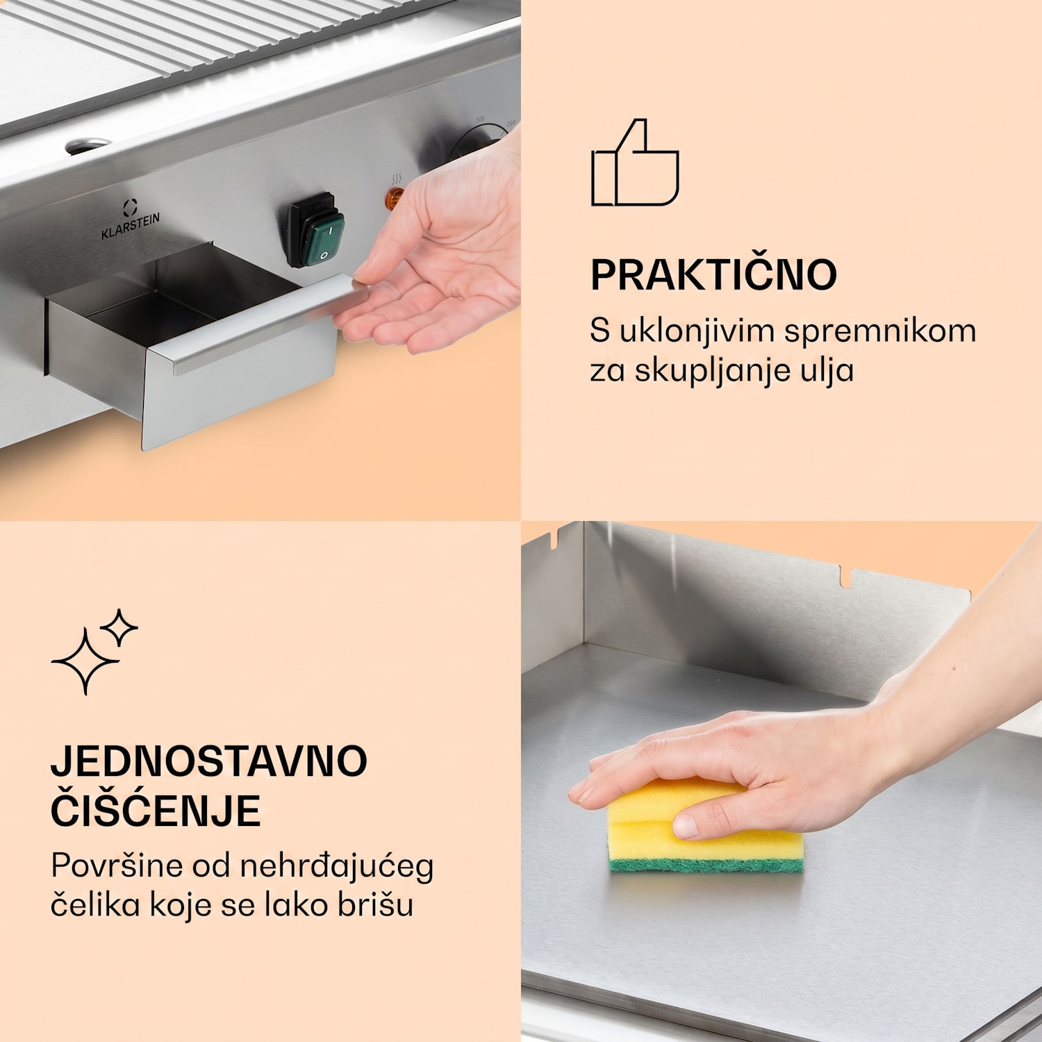 Grillmeile 4400, električni roštilj, Plancha, 2x2200W, ploča za roštilj od nehrđajućeg čelika Glatka i rebrasta ploča za roštiljanje | Srebrna metalik