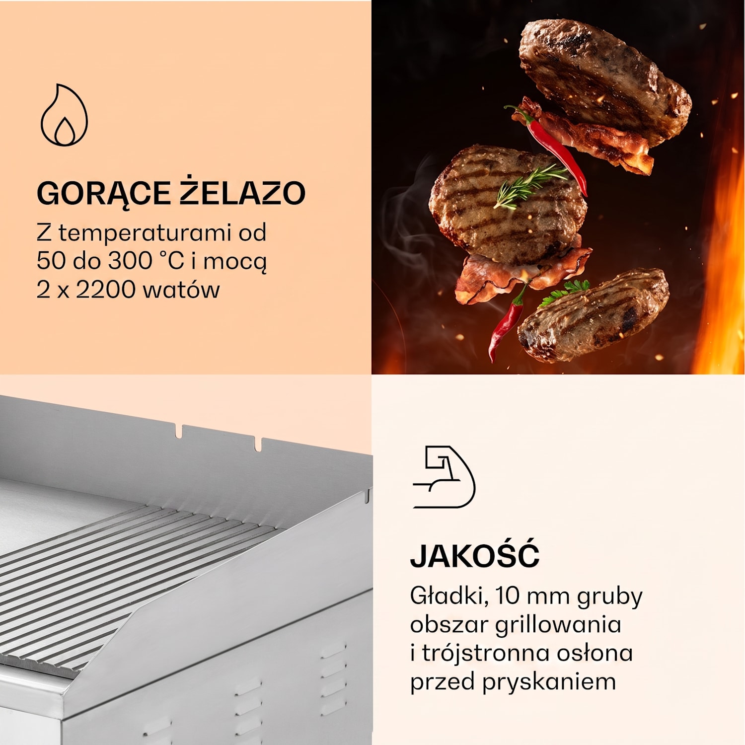 Grillmeile 4400, grill elektryczny Plancha, 2 x 2200 W, płyta grillowa, stal nierdzewna Gładka i rowkowana płyta grillowa | Srebrny Metal