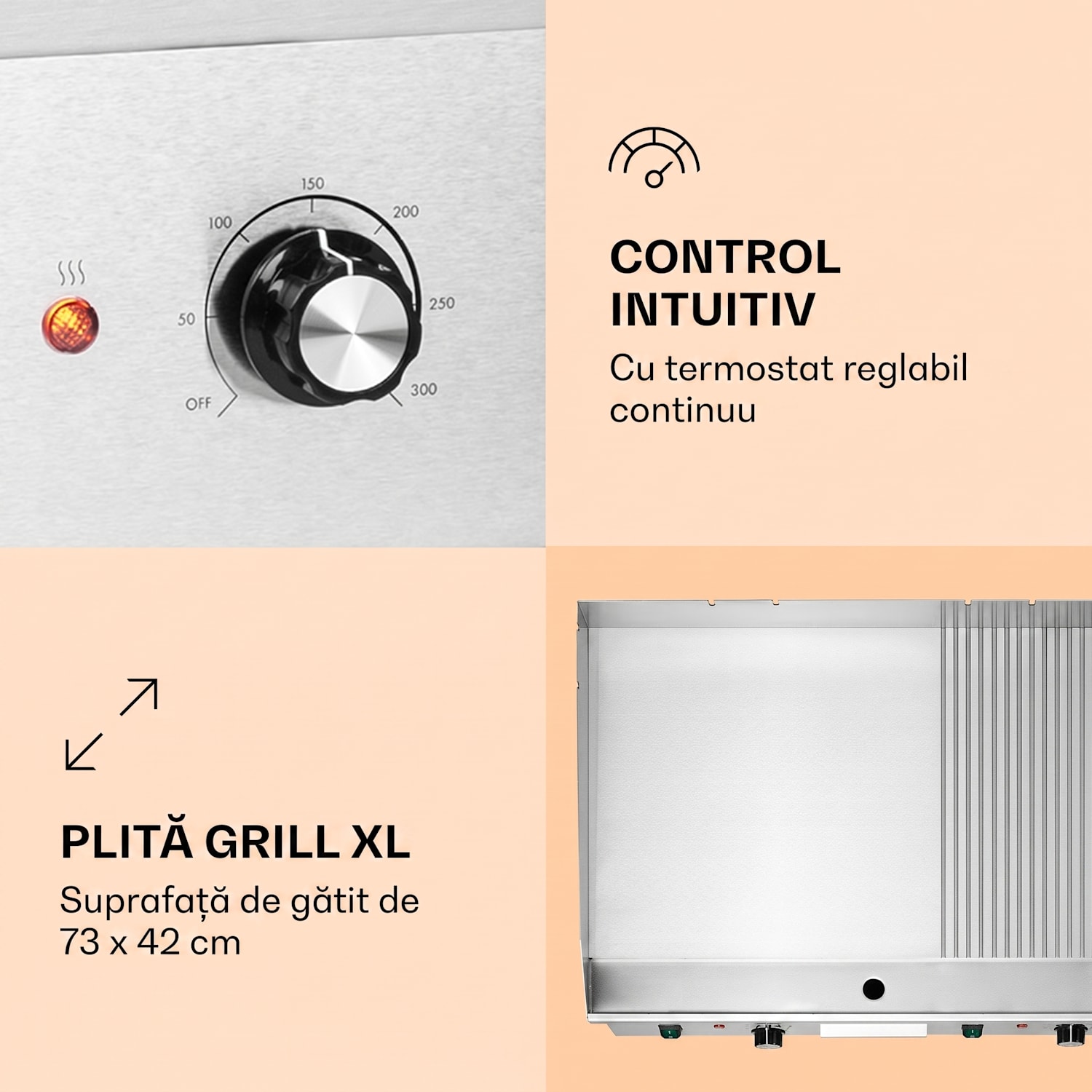 Grillmeile 4400, grătar electric, Plancha, 2x2200W, placă de grătar din oțel inoxidabil Placă de grătar canelată și fină | Argintiu metalizat