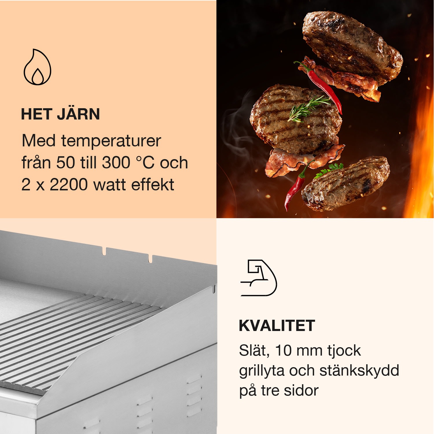 Grillmeile 4400 elgrill Plancha 2x2200W Grillplatta rostfritt stål slät och räfflad grillyta | Silver Metallic