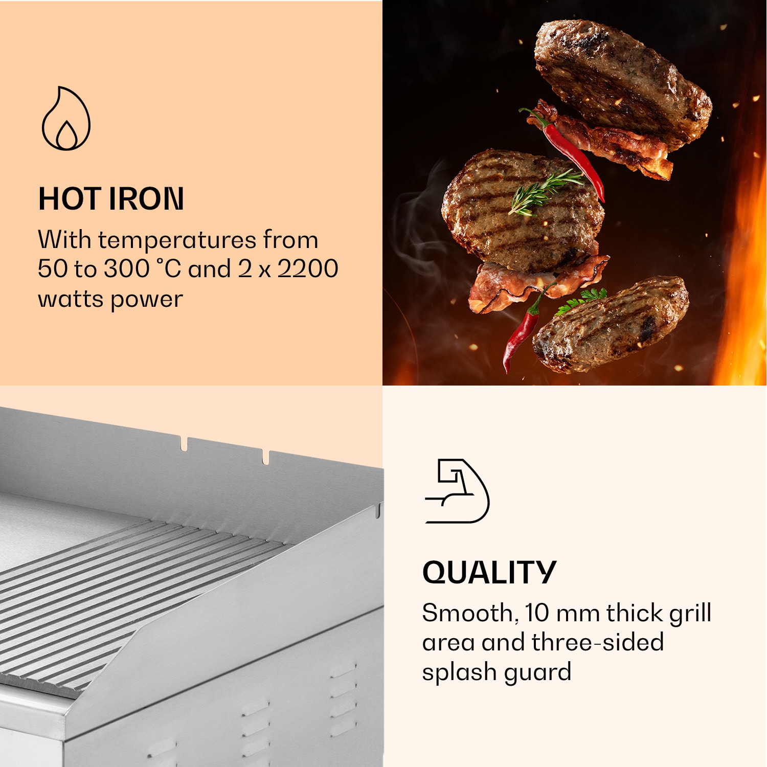 Grillmeile 4400 sähkögrilli Plancha 2x2200W grillilevy ruostumatonta terästä sileä ja uritettu grillaustaso | Hopea Metallinen