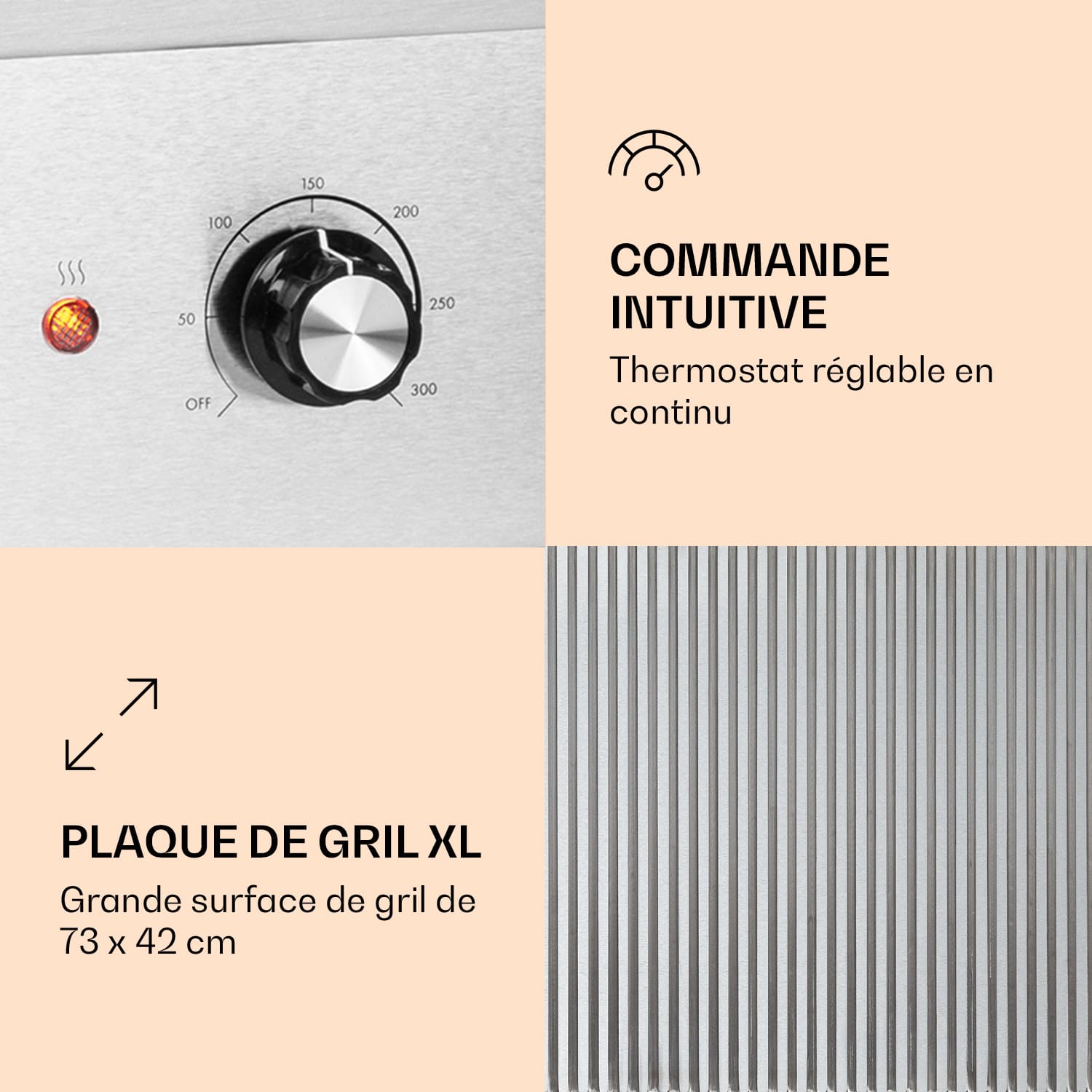 Grillmeile 4400 Barbecue électrique Plancha 2x2200W Plaque de cuisson Acier inoxydable Surface de gril nervurée | Argent Métallisé