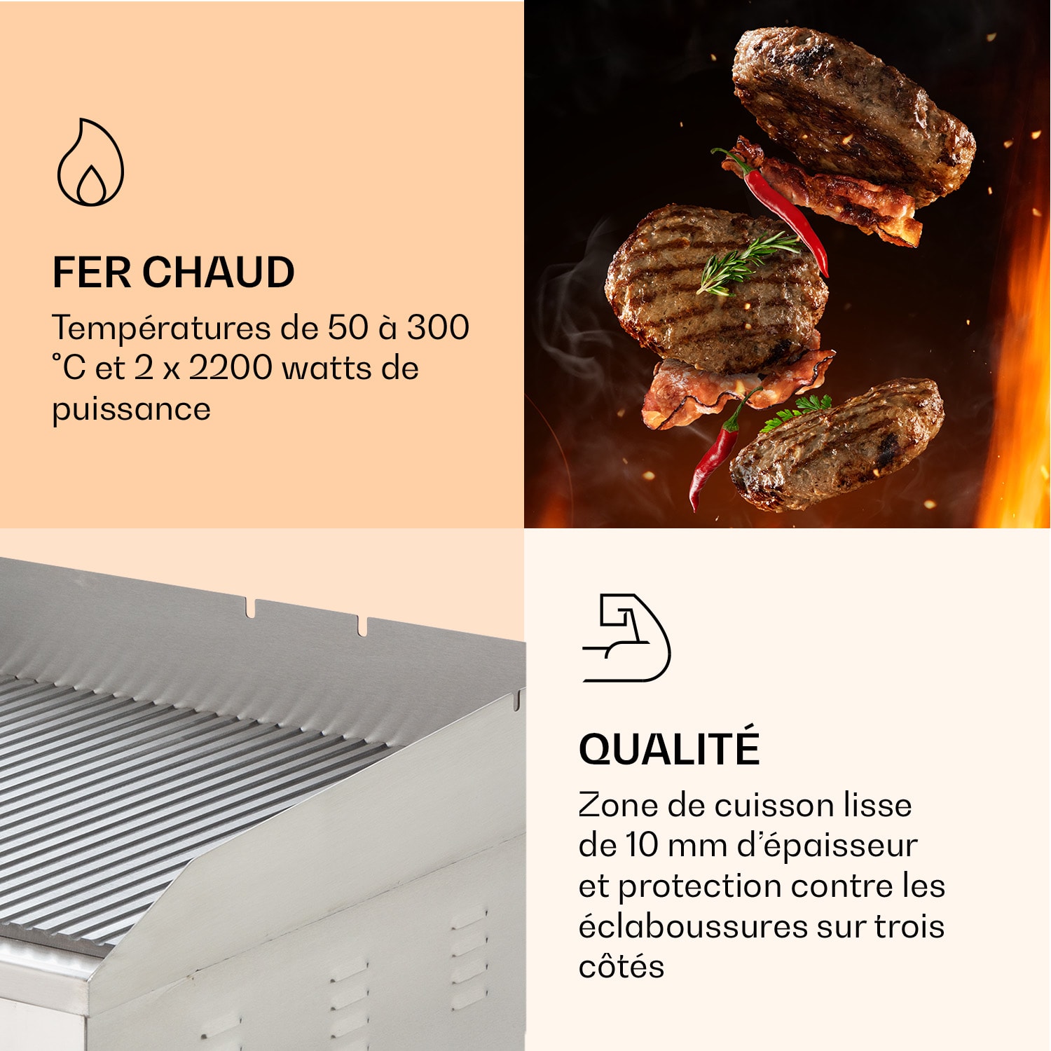 Grillmeile 4400 Barbecue électrique Plancha 2x2200W Plaque de cuisson Acier inoxydable Surface de gril nervurée | Argent Métallisé