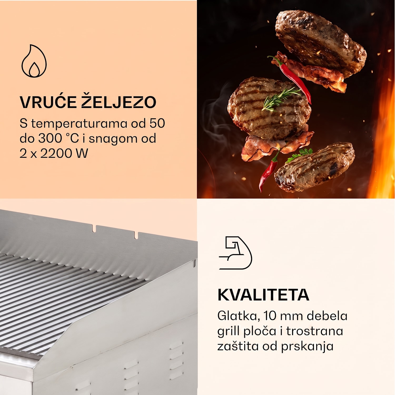 Grillmeile 4400, električni roštilj, Plancha, 2x2200W, ploča za roštilj od nehrđajućeg čelika Rebrasta ploča za roštiljanje | Srebrna metalik