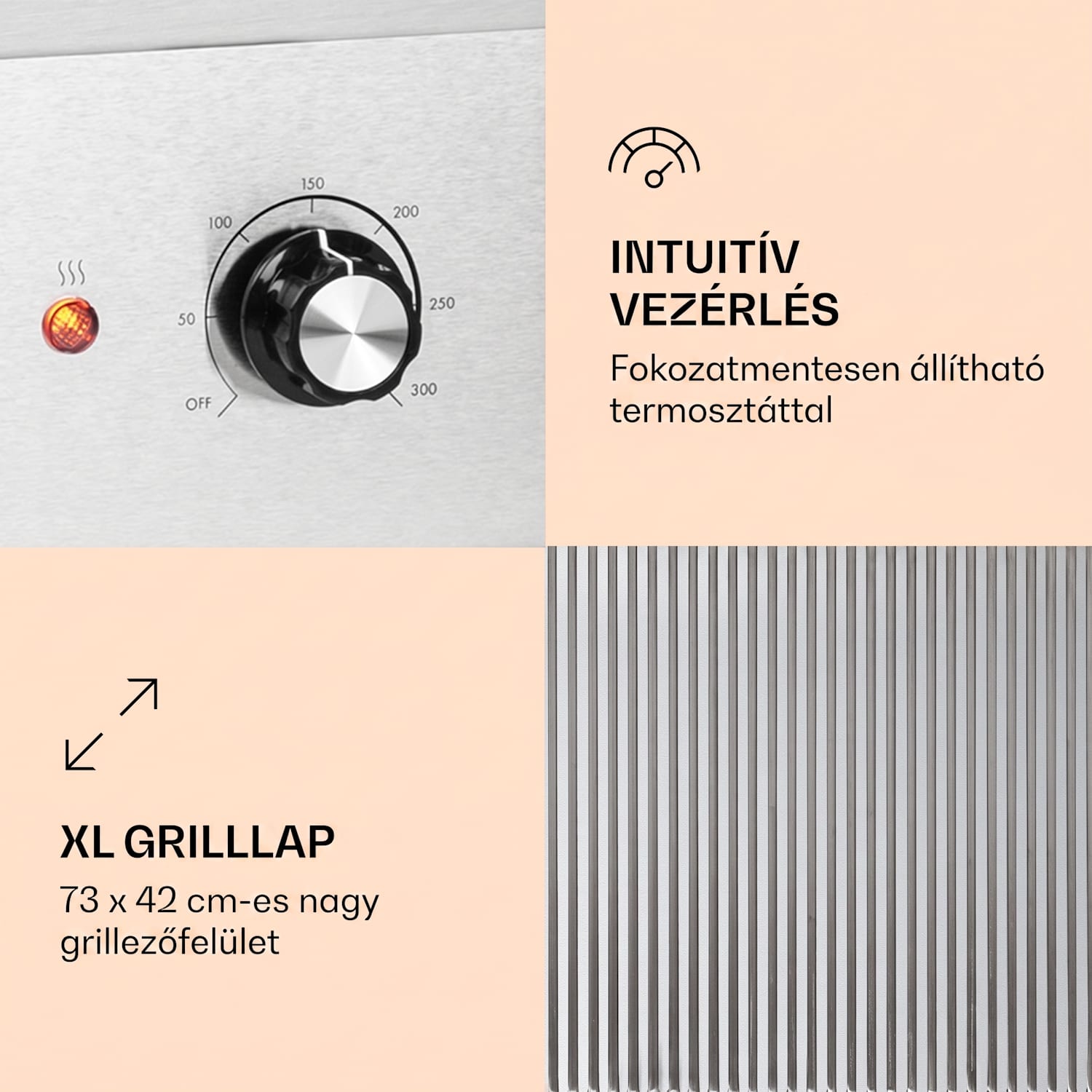 Grillmeile 4400, elektromos grill, 2 x 2200 W, rozsdamentes acél grill lap Bordázott grill-lemez | Ezüst metál