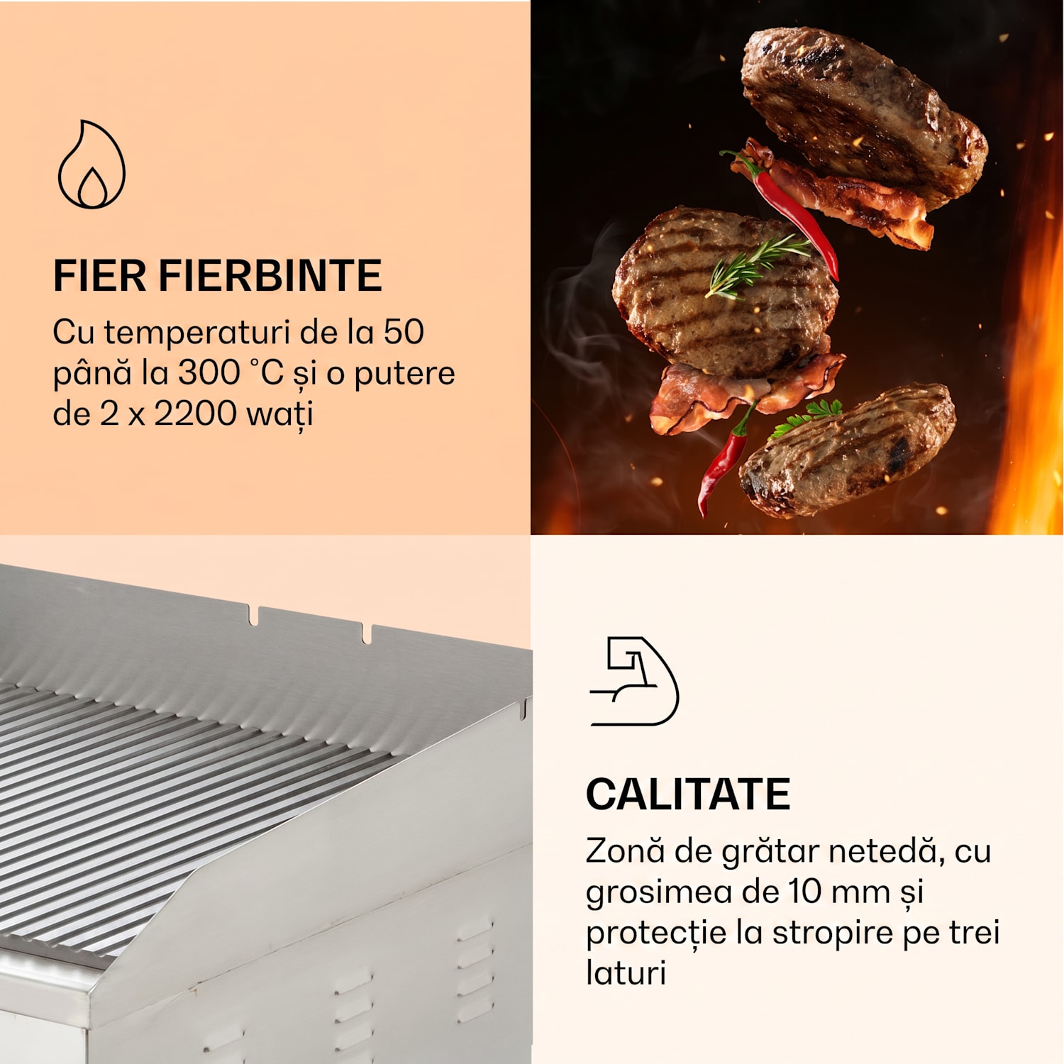 Grillmeile 4400, grătar electric, Plancha, 2x2200W, placă de grătar din oțel inoxidabil Placă de grătar canelată | Argintiu metalizat