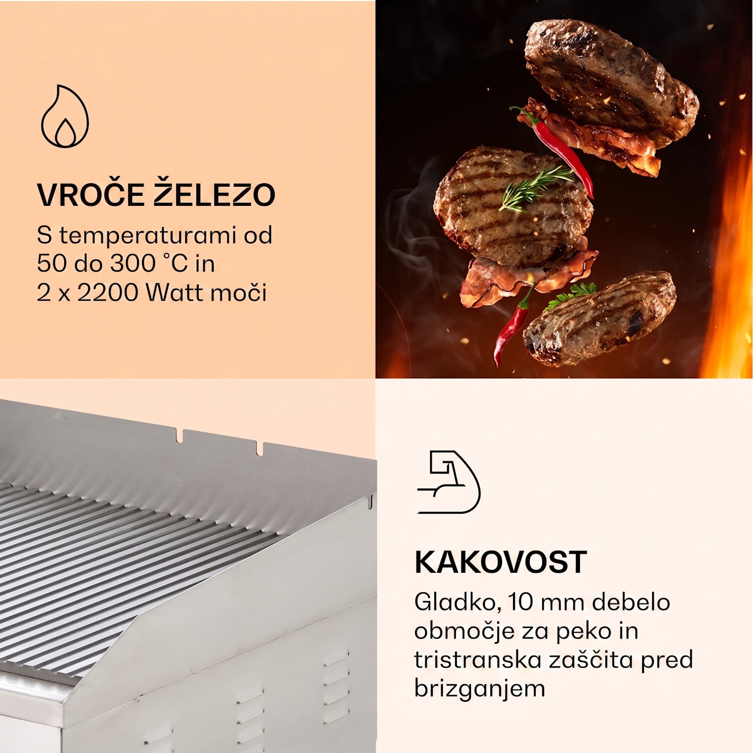 Grillmeile 4400, električni žar, Plancha, 2 x 2200 W, žar plošča iz nerjavečega jekla Žar deska z rebrasto površino | Srebrna kovinska barva
