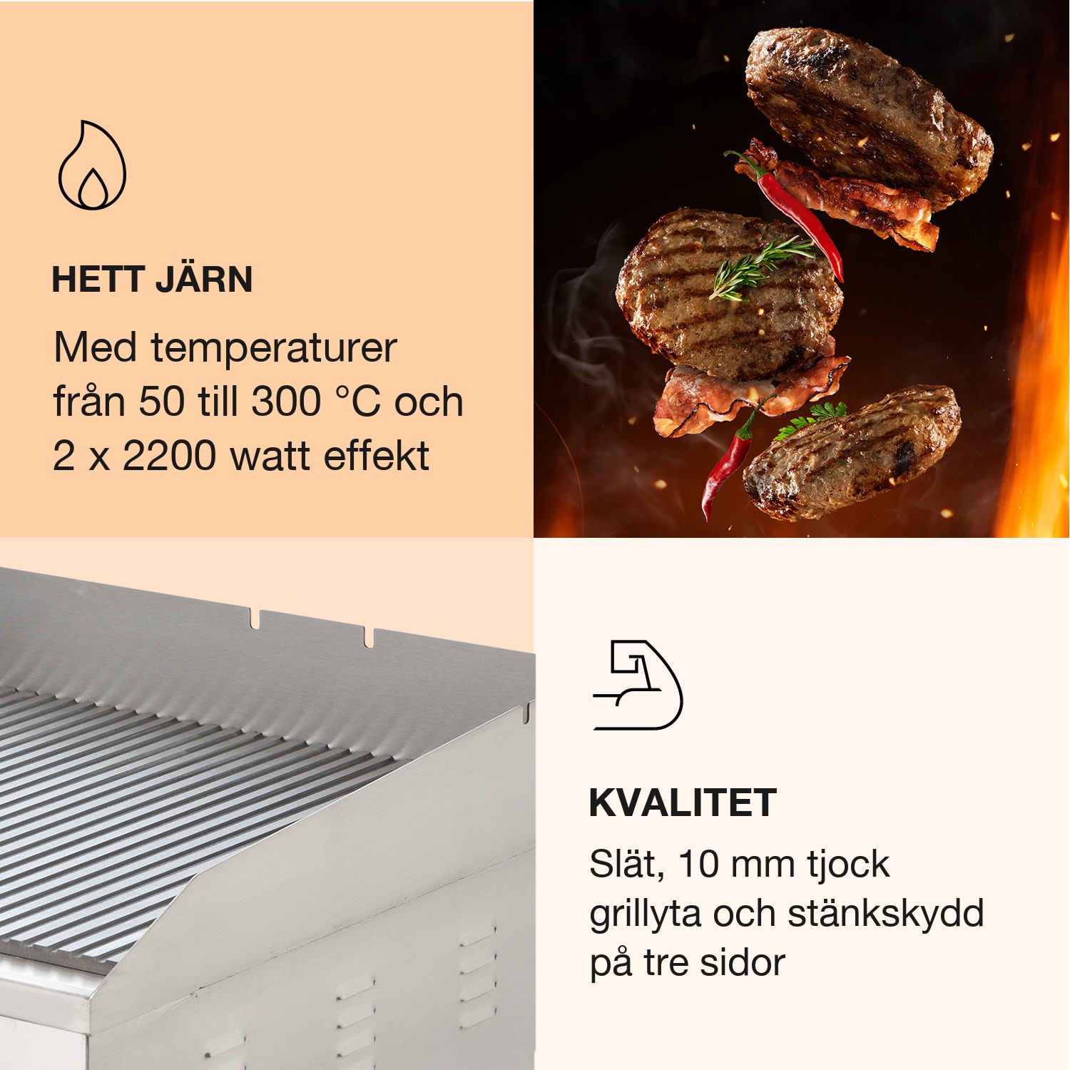 Grillmeile 4400 elgrill Plancha 2x2200W Grillplatta rostfritt stål räfflad grillyta | Silver Metallic