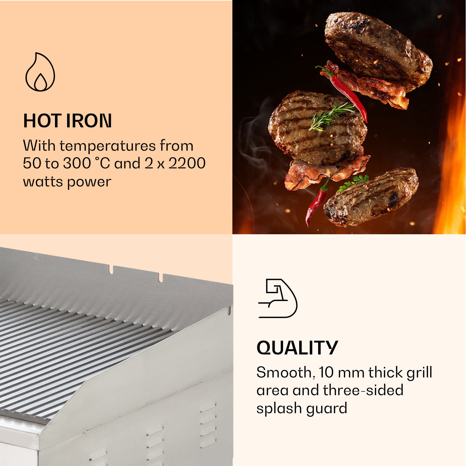 Grillmeile 4400, grătar electric, Plancha, 2x2200W, placă de grătar din oțel inoxidabil Placă de grătar canelată | Argintiu metalizat