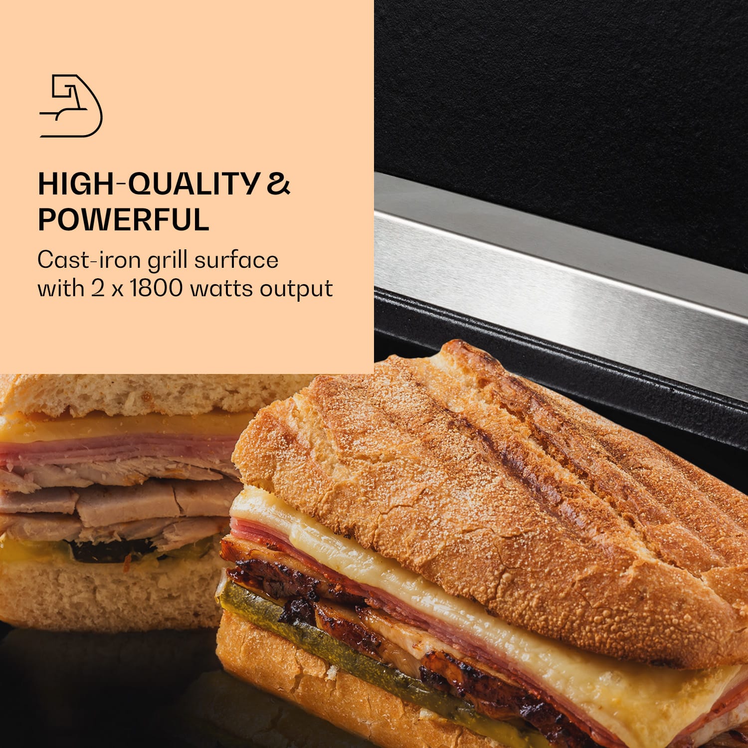 Grillexpress 3600, kontaktgrill, paninimaker, 2x1800W, rozsdamentes acél, öntöttvas Sima grill-lemez | Ezüst metál
