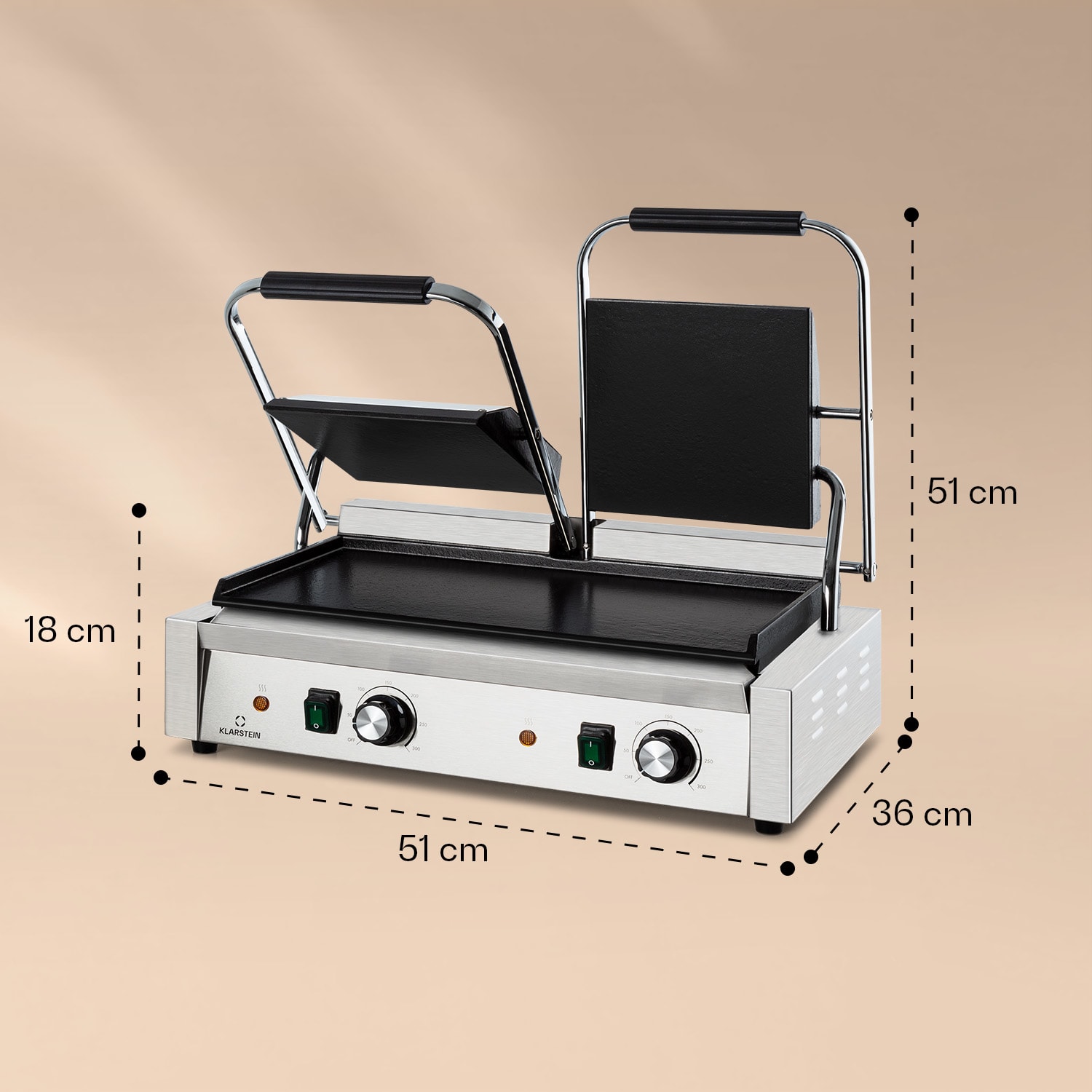 Grillexpress 3600, kontaktgrill, paninimaker, 2x1800W, rozsdamentes acél, öntöttvas Sima grill-lemez | Ezüst metál