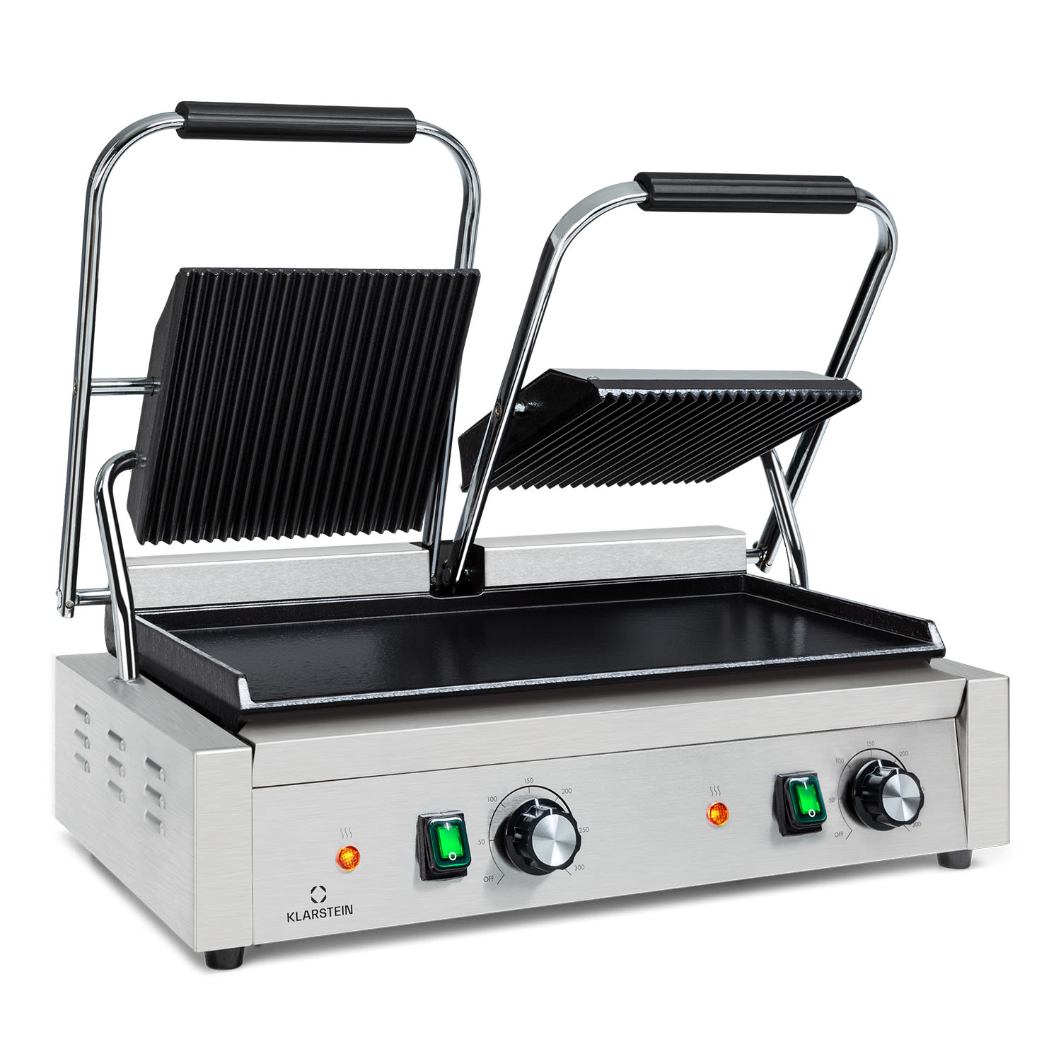 Grillexpress 3600, kontaktgrill, paninimaker, 2x1800W, rozsdamentes acél, öntöttvas Sima és bordázott grill-lemez | Ezüst metál