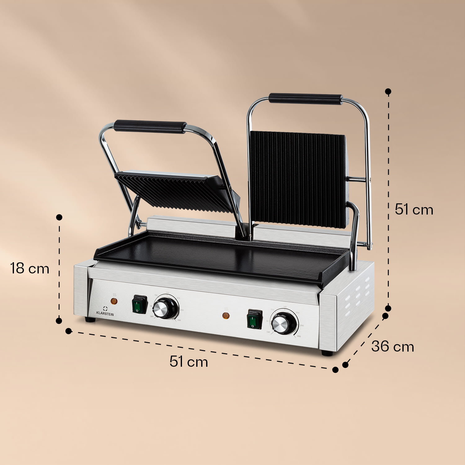 Grillexpress 3600, kontaktgrill, paninimaker, 2x1800W, rozsdamentes acél, öntöttvas Sima és bordázott grill-lemez | Ezüst metál