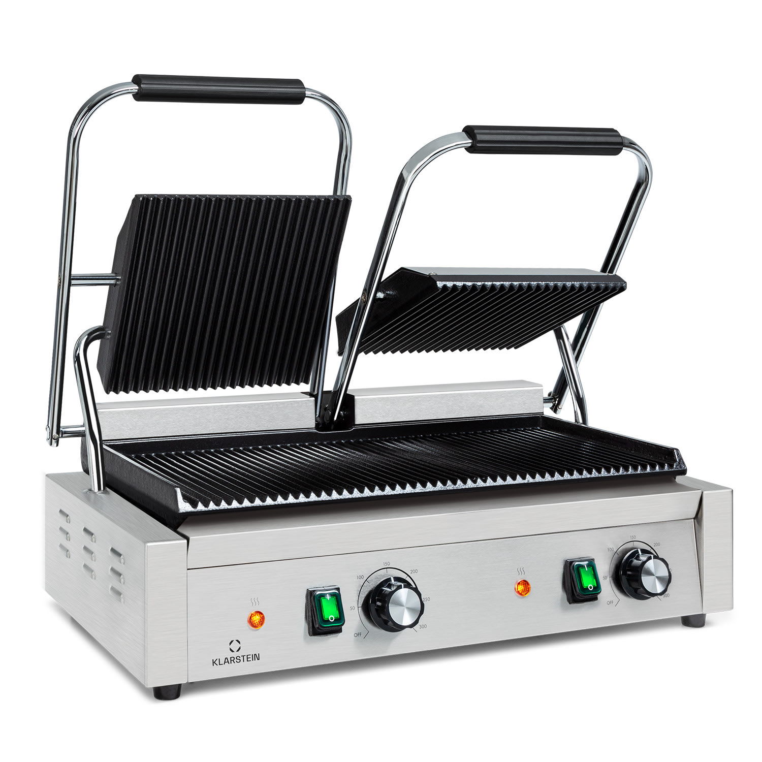 Grillexpress 3600, kontaktgrill, paninimaker, 2x1800W, rozsdamentes acél, öntöttvas Bordázott grill-lemez | Ezüst metál
