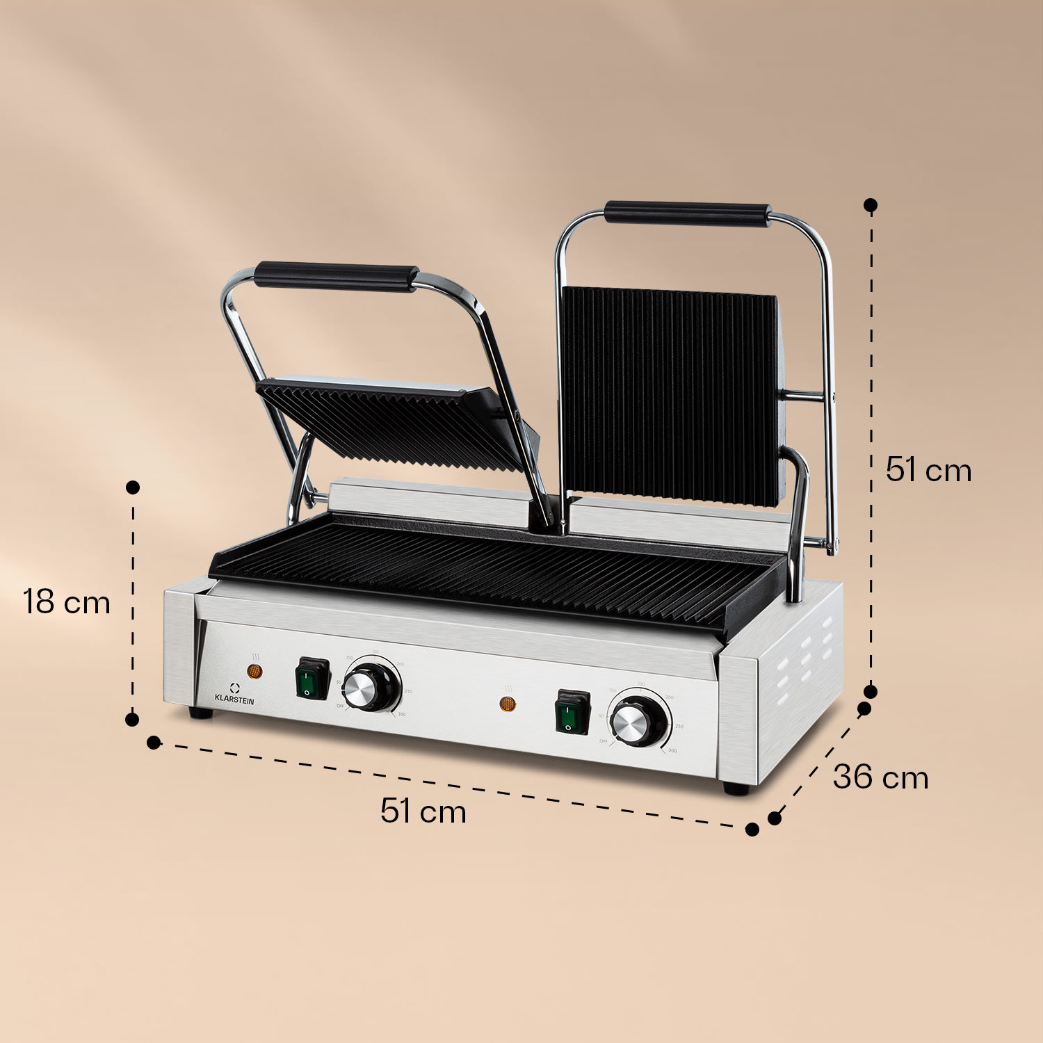 Grillexpress 3600, kontaktgrill, paninimaker, 2x1800W, rozsdamentes acél, öntöttvas Bordázott grill-lemez | Ezüst metál