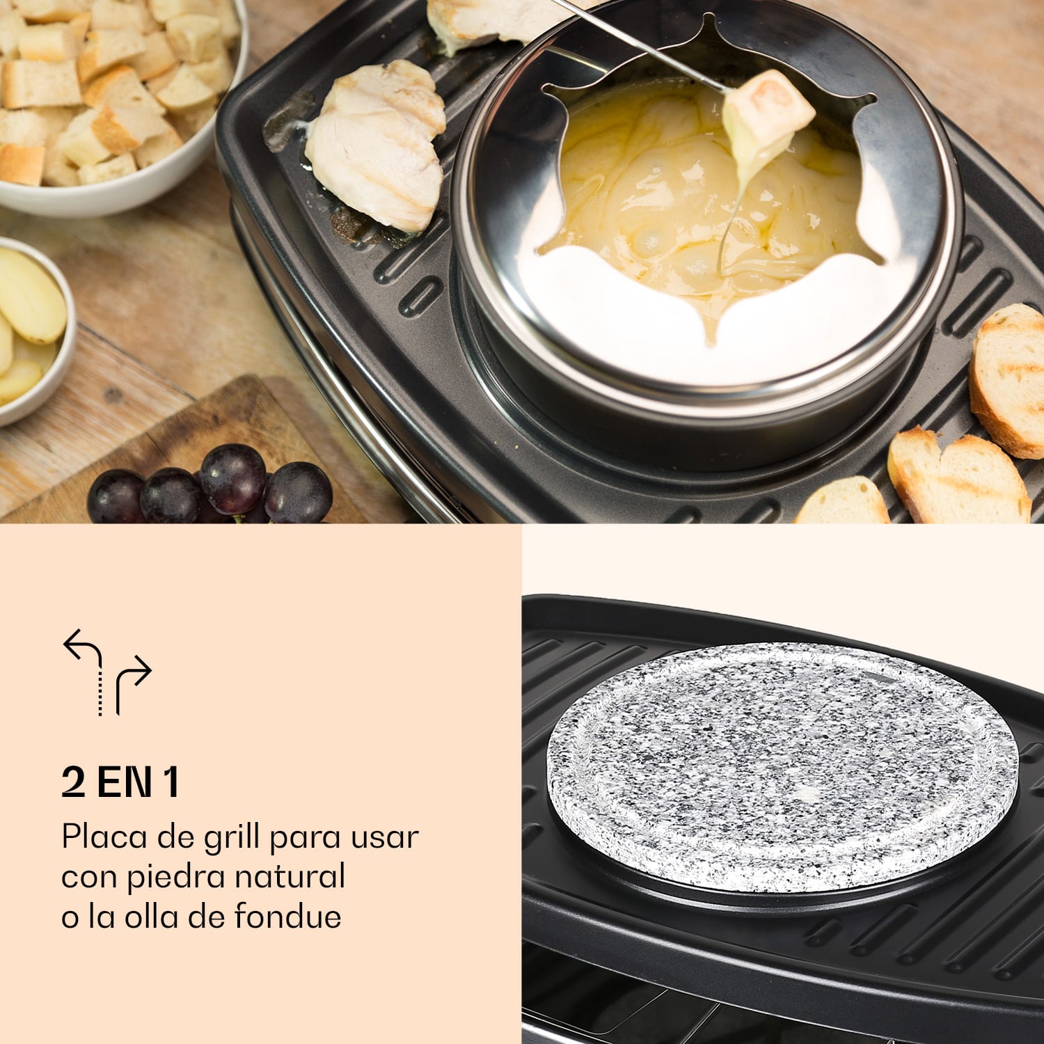 Parrilla raclette y fondue Entrecote 2 en 1 piedra natural 1100W 8 personas posavasos 