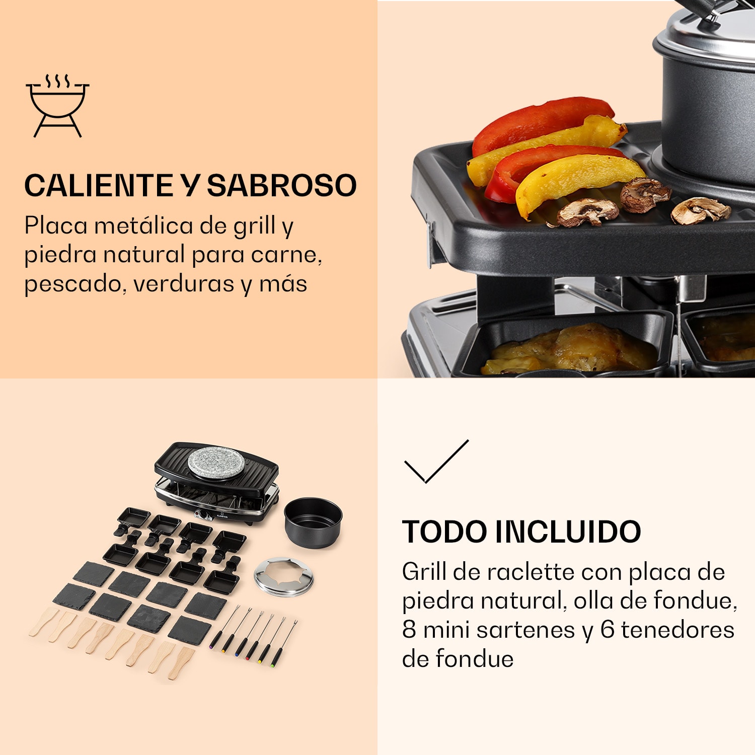 Parrilla raclette y fondue Entrecote 2 en 1 piedra natural 1100W 8 personas posavasos 