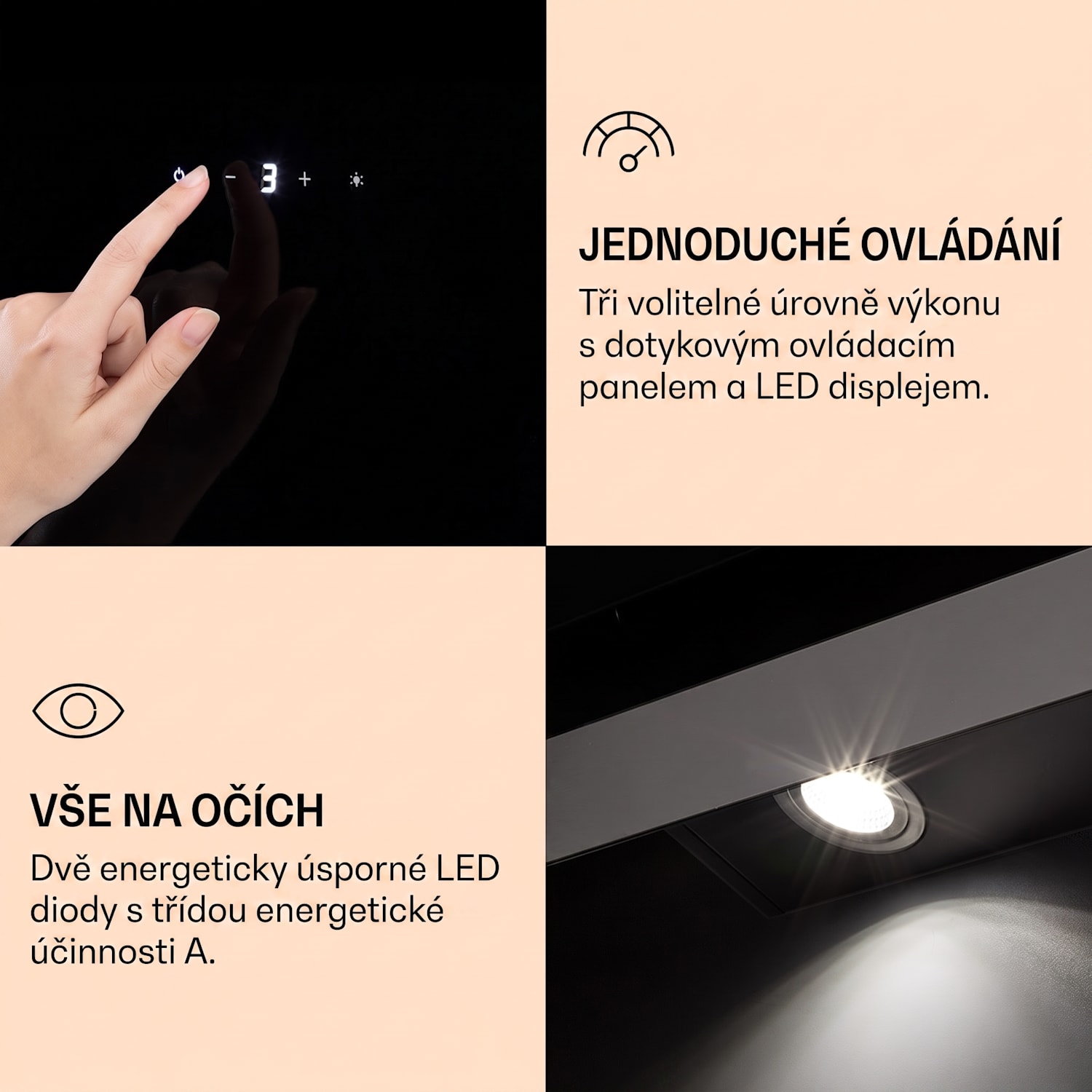Aurora Eco 60, digestoř, 60 cm, nástěnná, 585 m³/h, A+, dotykové ovládání, černá 60 cm | Ne | Černá