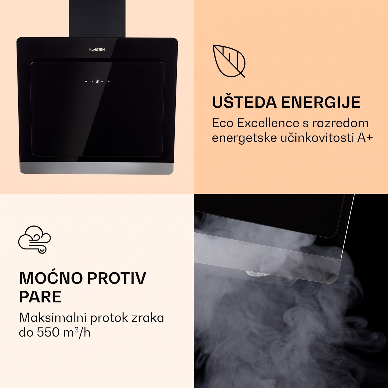 Aurora Eco 60, napa, 60 cm, zidna, 550 m³/h, A+, upravljanje na dodir, crna 60 cm | Ne | Crna