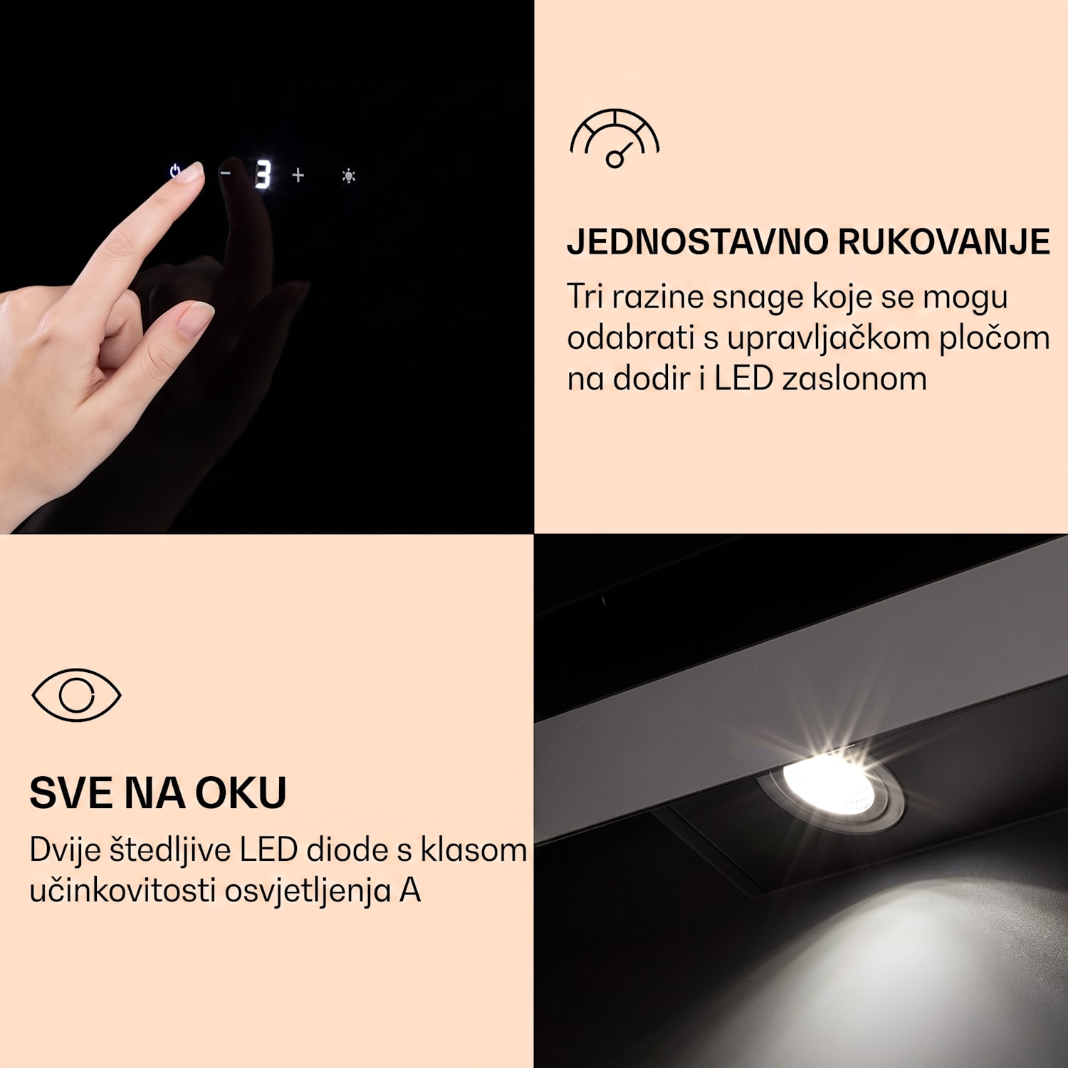 Aurora Eco 60, napa, 60 cm, zidna, 550 m³/h, A+, upravljanje na dodir, crna 60 cm | Ne | Crna