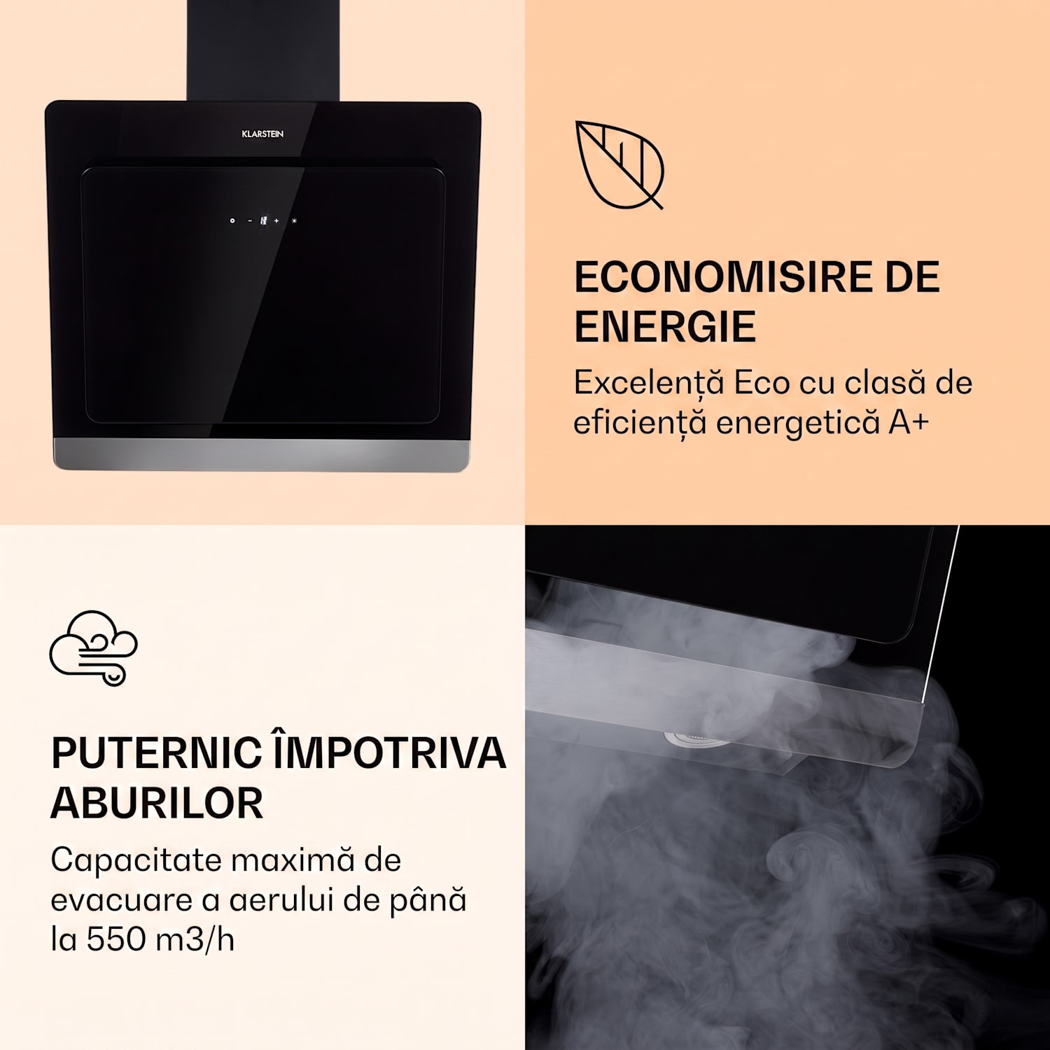 Aurora Eco 60, hota, 60 cm, montată pe perete, 585 m³/h, A+, control tactil, negru 60 cm | Nu | Negru