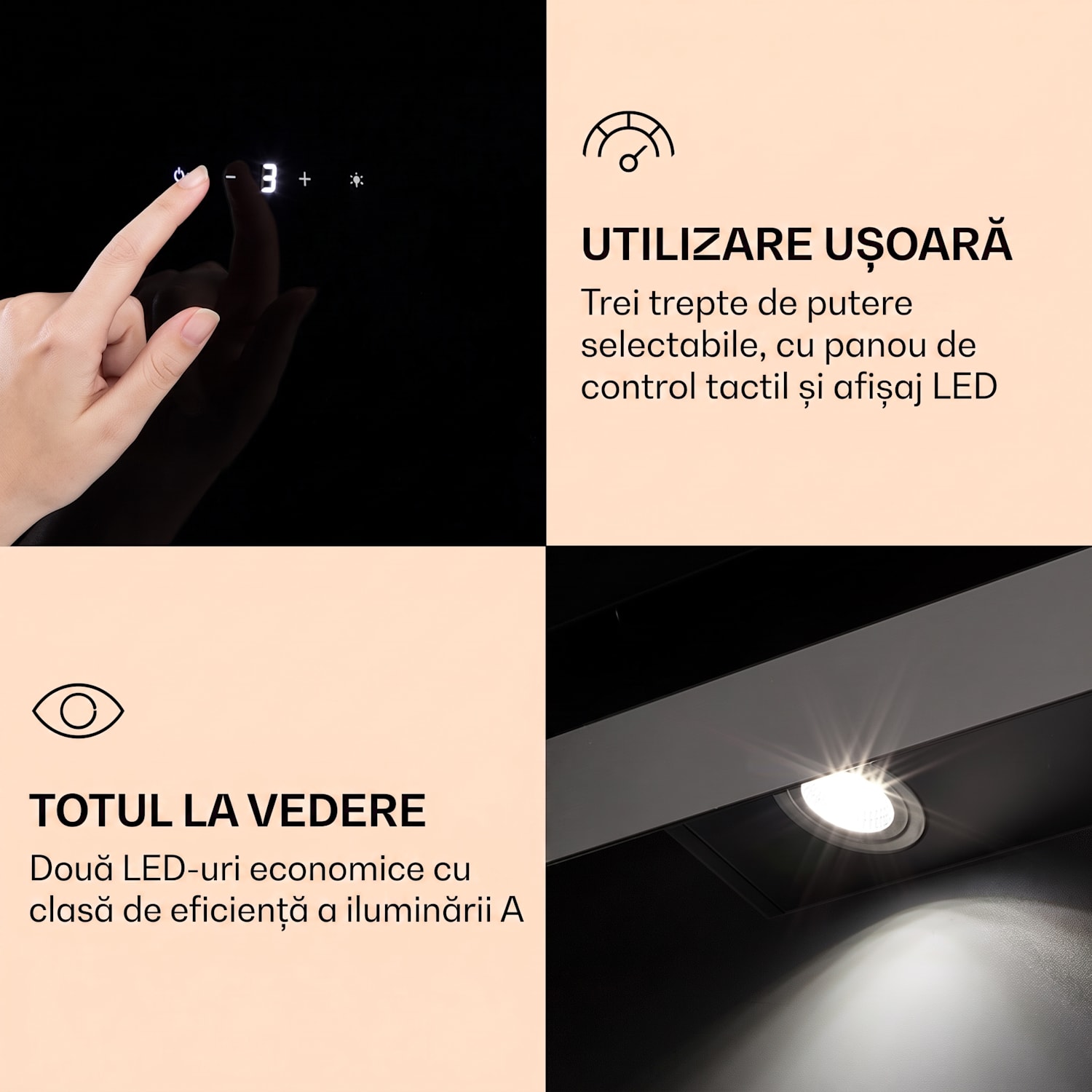 Aurora Eco 60, hota, 60 cm, montată pe perete, 585 m³/h, A+, control tactil, negru 60 cm | Nu | Negru