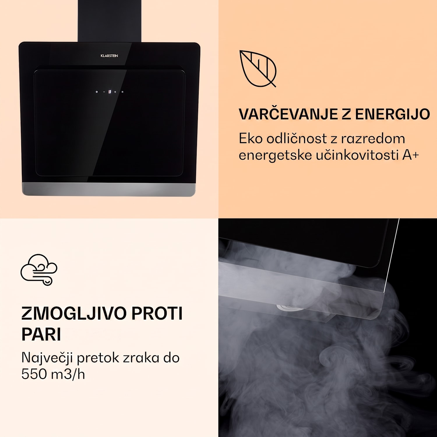 Aurora Eco 60, kuhinjska napa, 60 cm, stenska, 585 m³/h, A+, upravljanje na dotik, črna 60 cm | Ne | Črna
